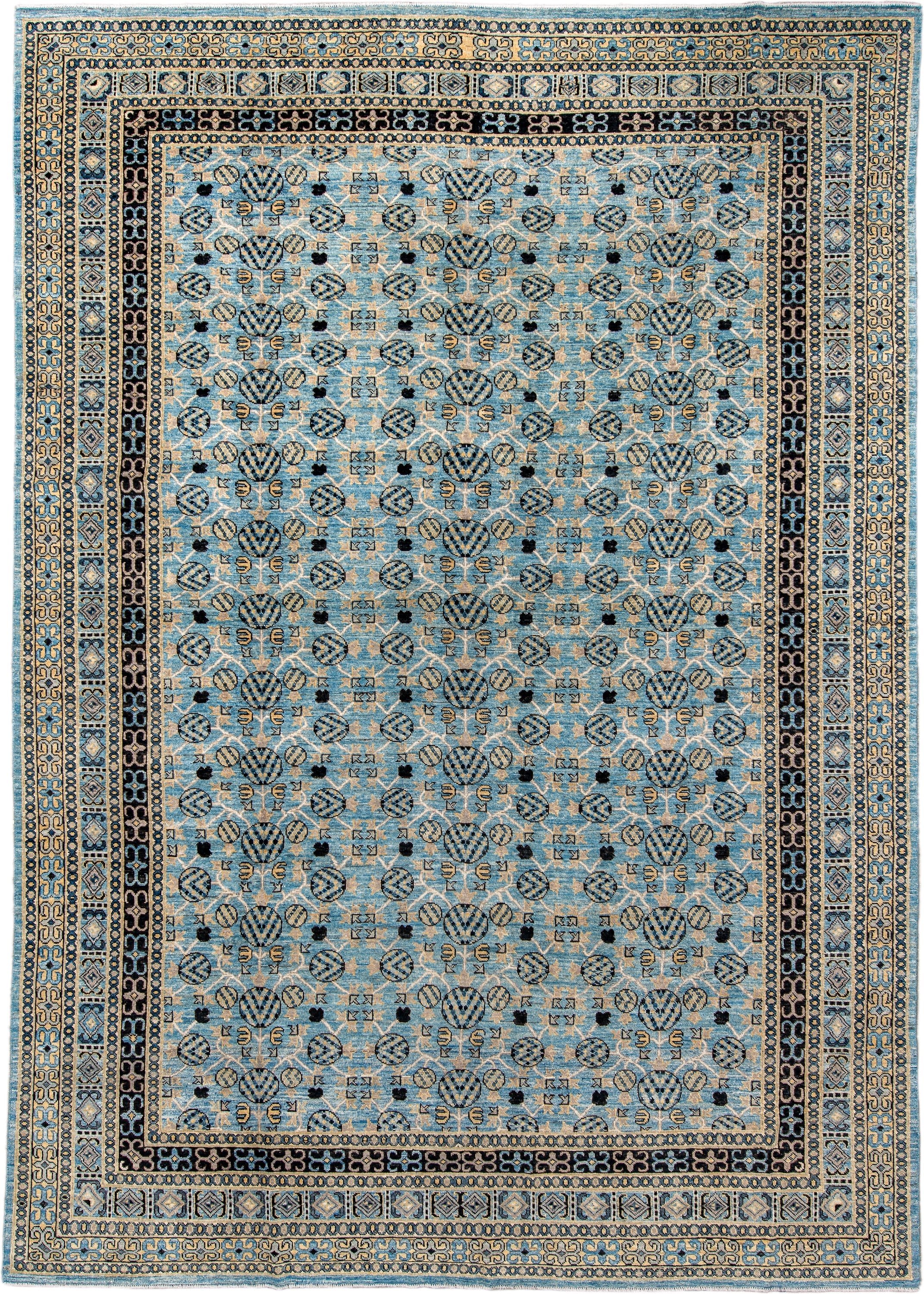 9' x 14' one-of-a-kind handmade vintage Khotan large size rug. Color palette: light blue, ivory, navy, charcoal, beige