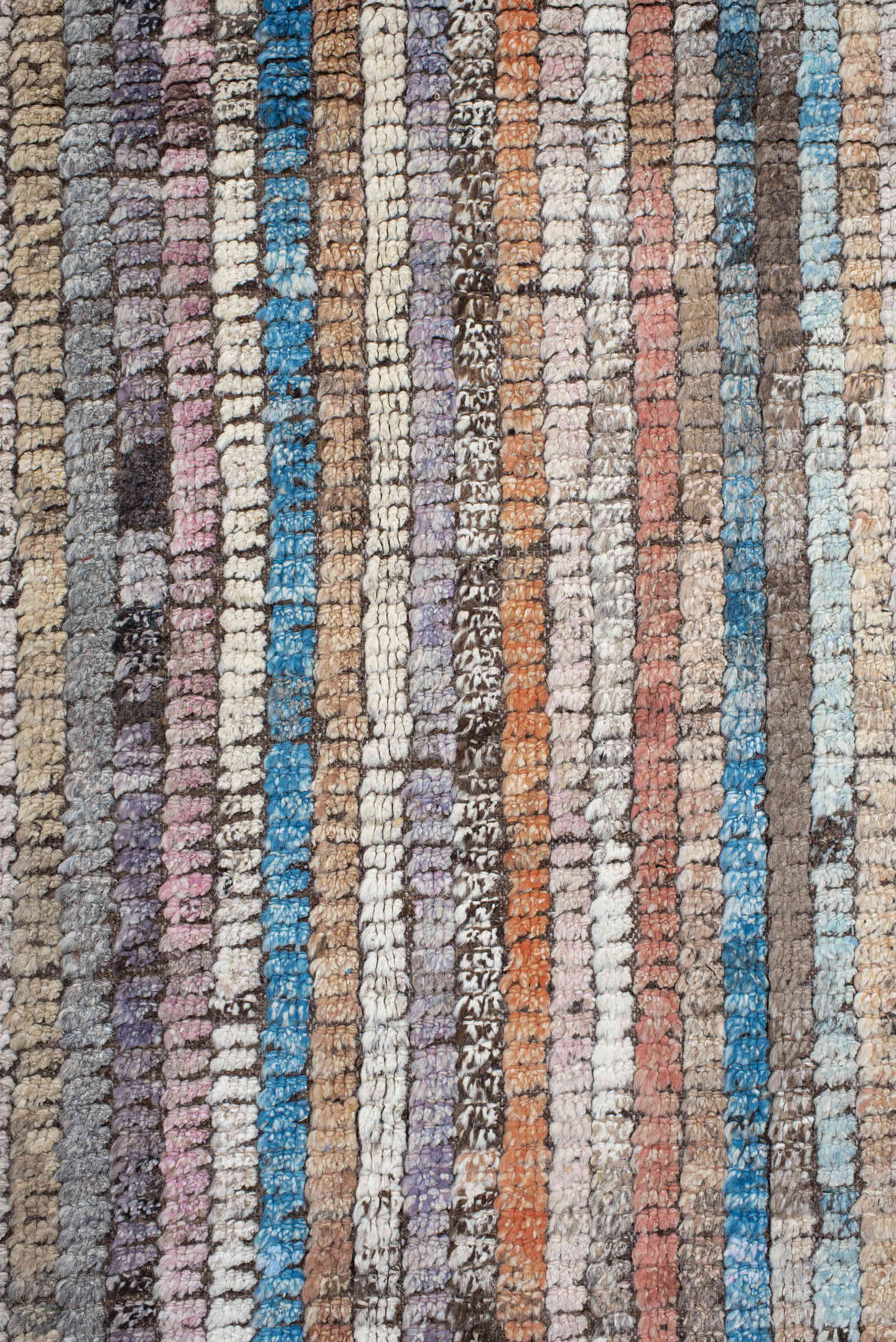 8' x 11' one-of-a-kind handmade vintage Tulu large size rug. Color palette: ivory, taupe, brown, lavender, turquoise, coral