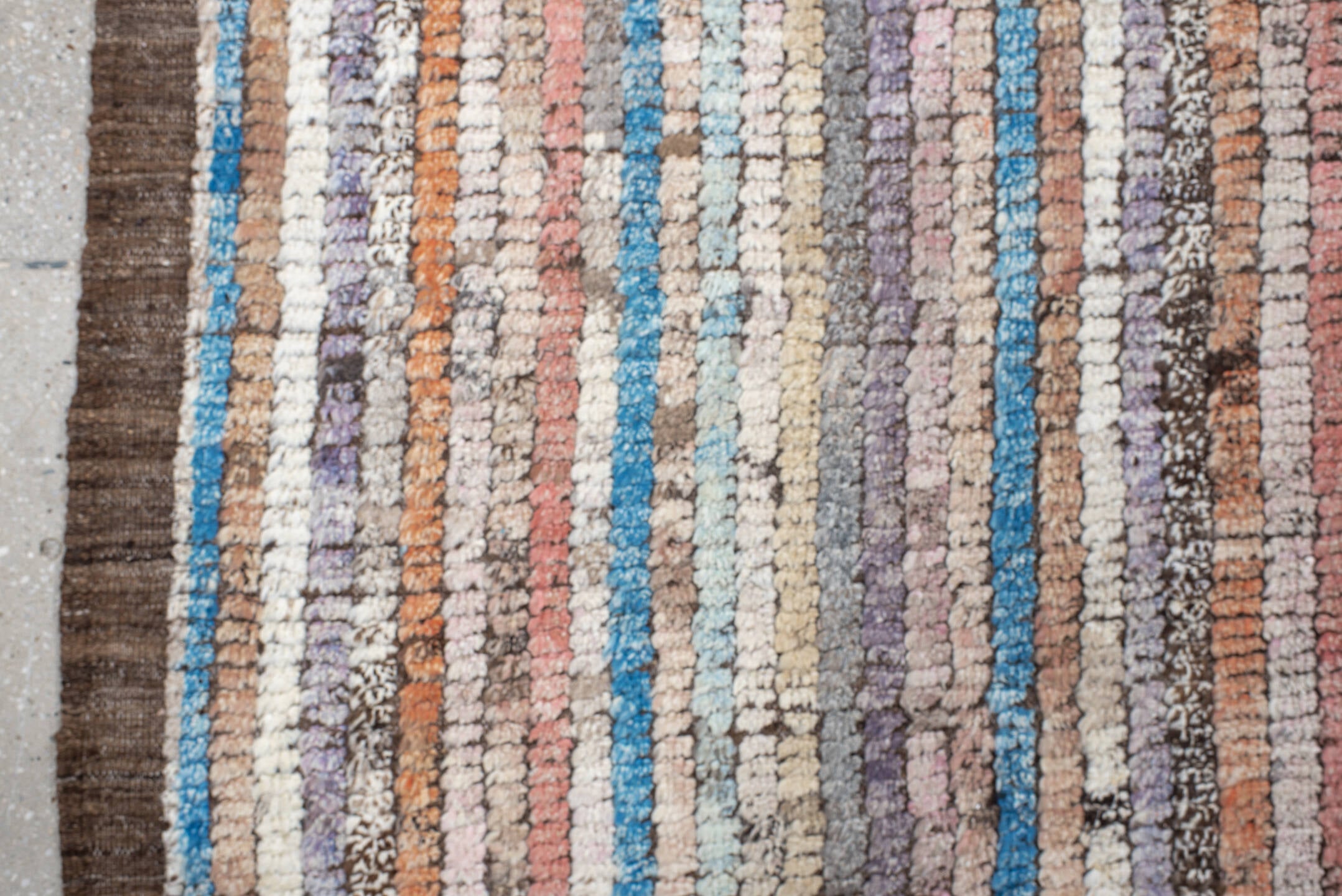 8' x 11' one-of-a-kind handmade vintage Tulu large size rug. Color palette: ivory, taupe, brown, lavender, turquoise, coral