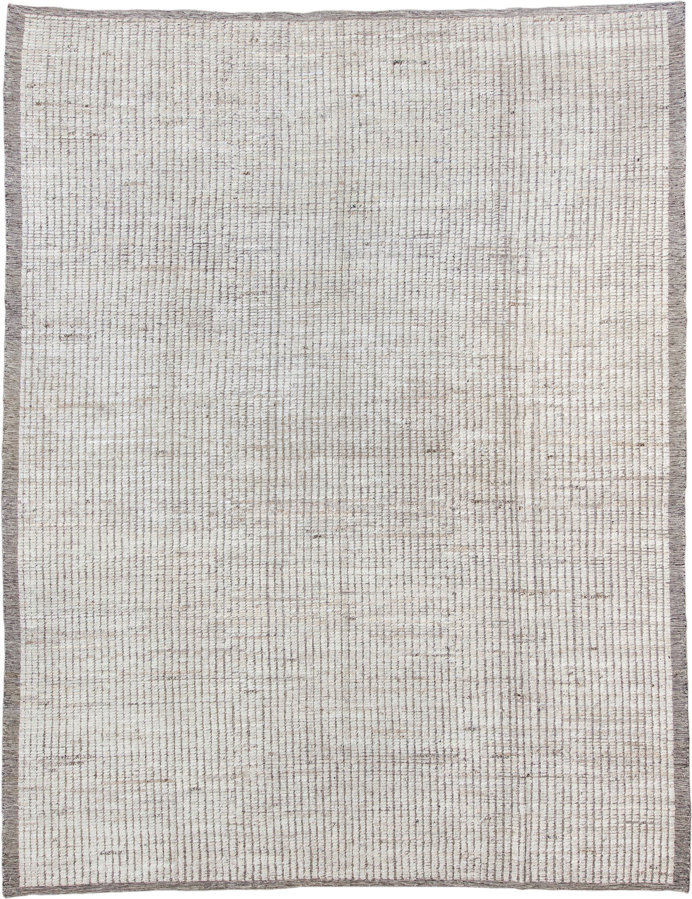 9' x 11' one-of-a-kind handmade vintage Tulu large size rug. Color palette: ivory, taupe, gray, greige, beige