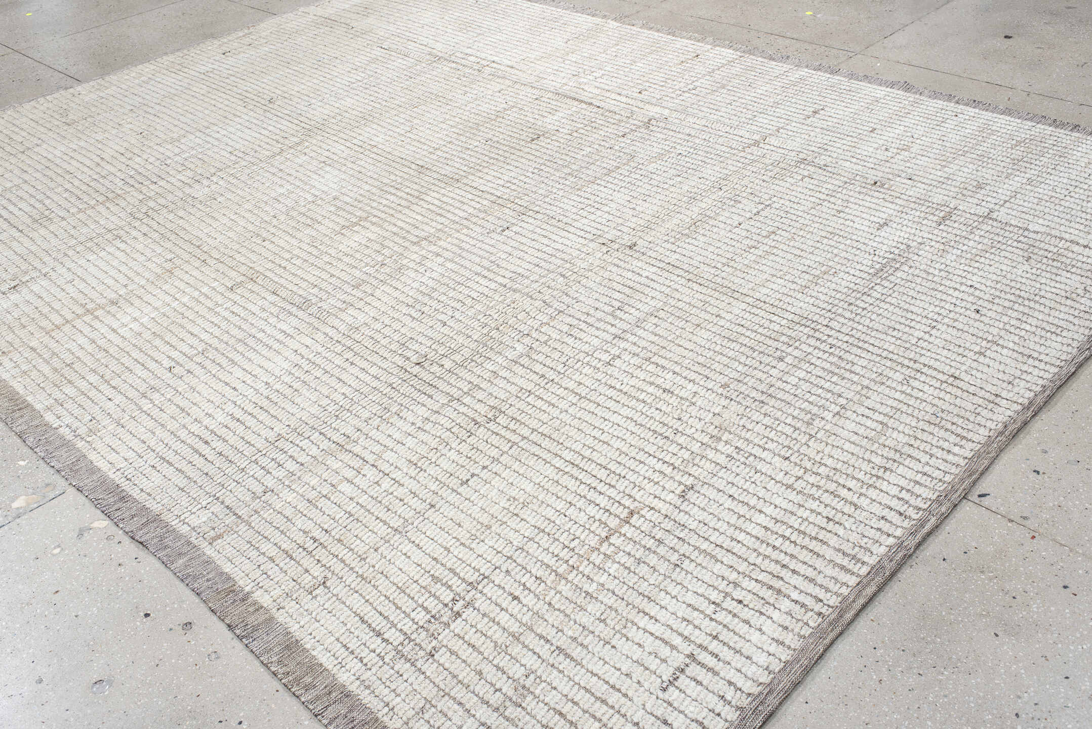 9' x 11' one-of-a-kind handmade vintage Tulu large size rug. Color palette: ivory, taupe, gray, greige, beige