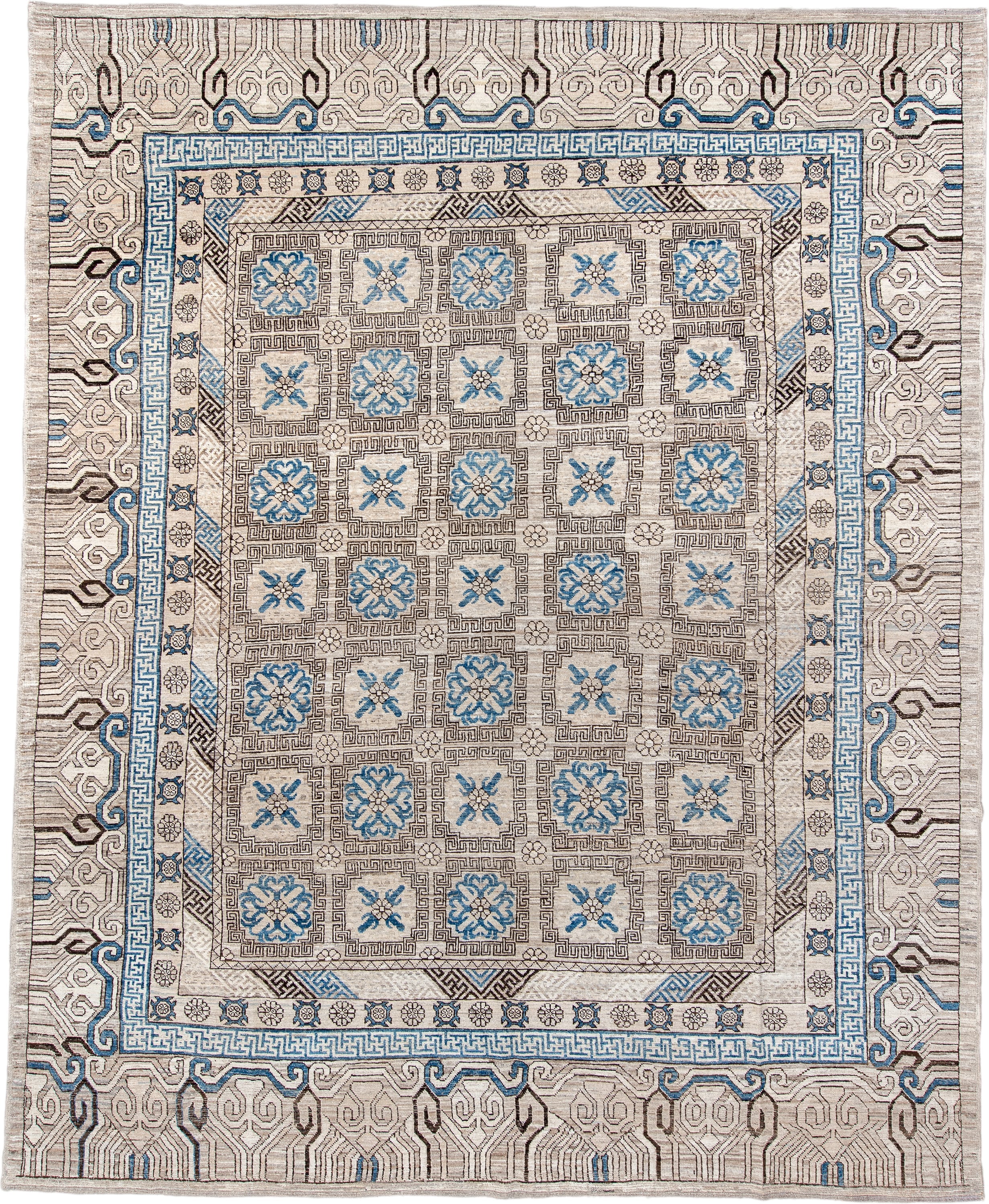 11' x 13' one-of-a-kind handmade vintage Khotan oversize rug. Color palette: ivory, sky_blue, taupe, charcoal, cream