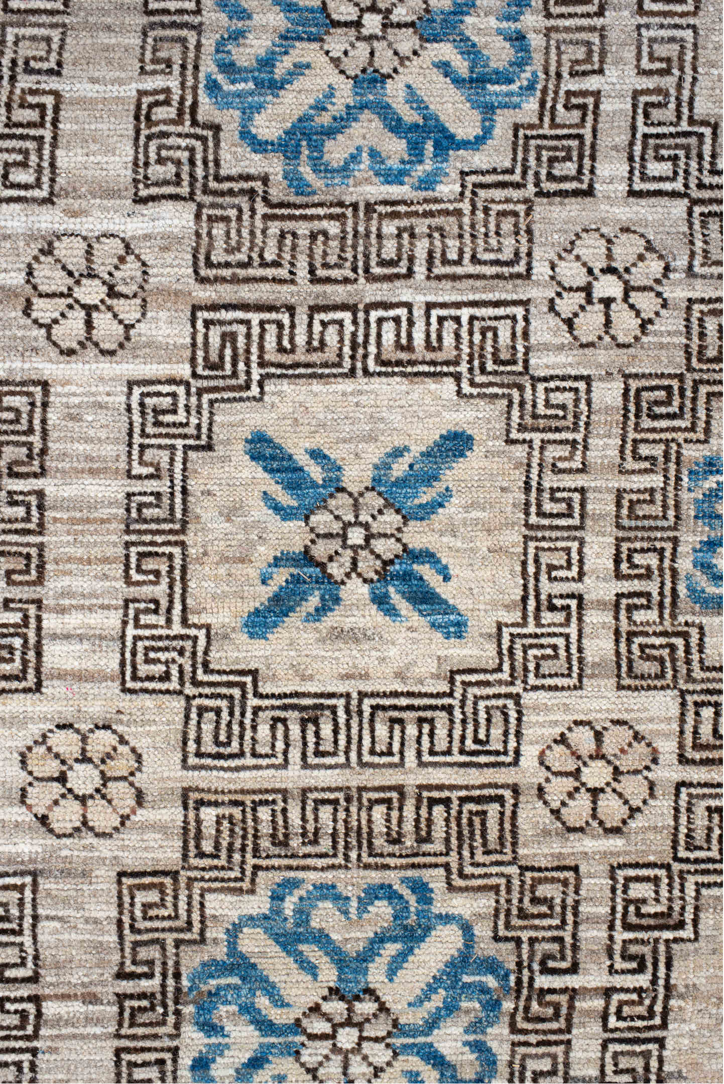 11' x 13' one-of-a-kind handmade vintage Khotan oversize rug. Color palette: ivory, sky_blue, taupe, charcoal, cream