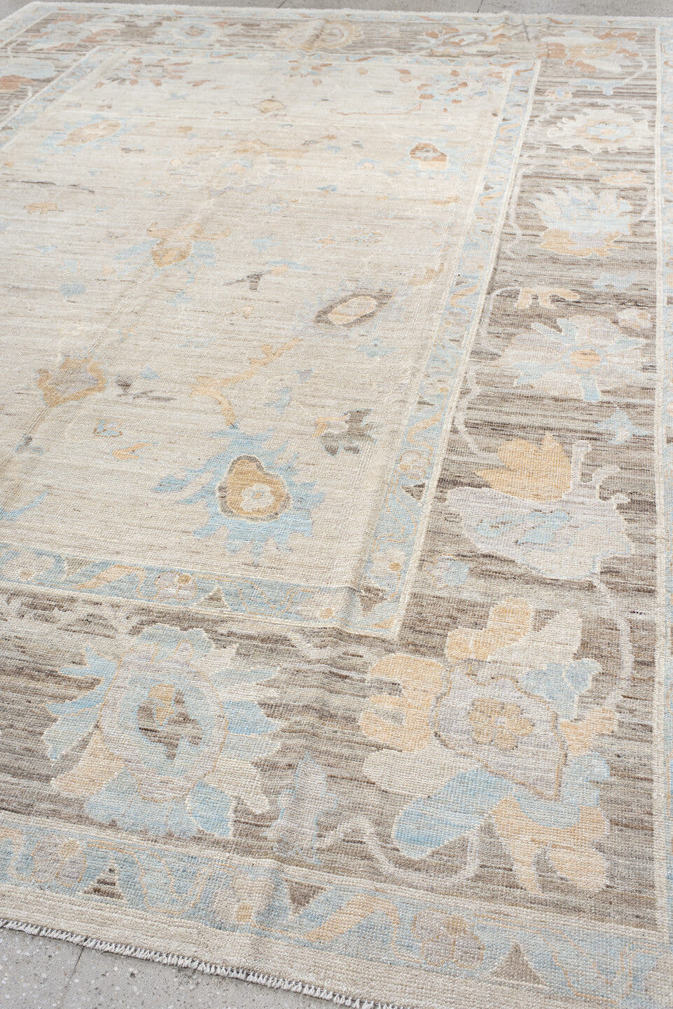 10' x 13' one-of-a-kind handmade vintage Oushak large size rug. Color palette: ivory, taupe, pale_blue, blush, cream, beige