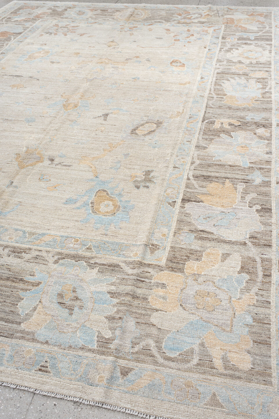 10' x 13' one-of-a-kind handmade vintage Oushak large size rug. Color palette: ivory, taupe, pale_blue, blush, cream, beige