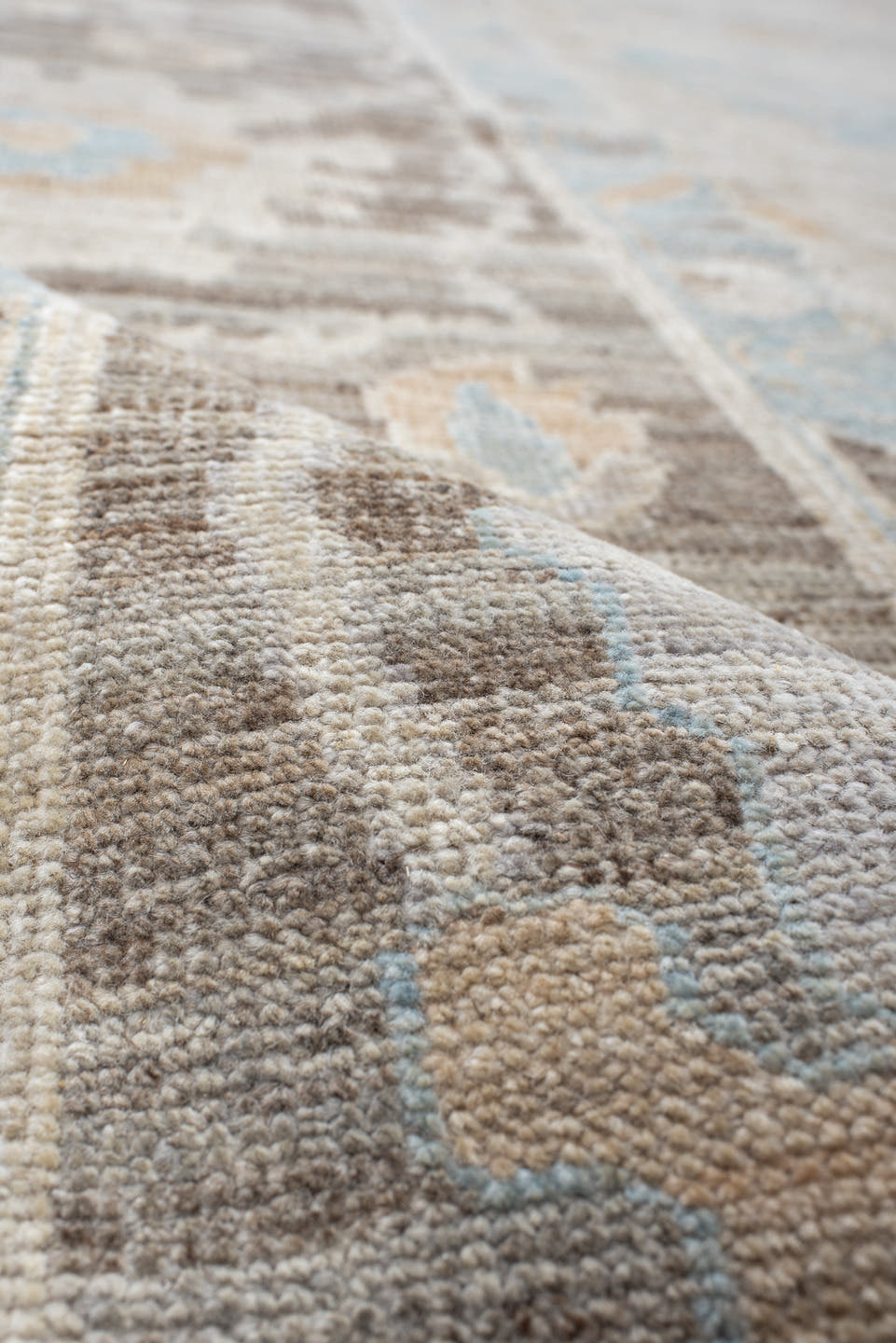 10' x 13' one-of-a-kind handmade vintage Oushak large size rug. Color palette: ivory, taupe, pale_blue, blush, cream, beige