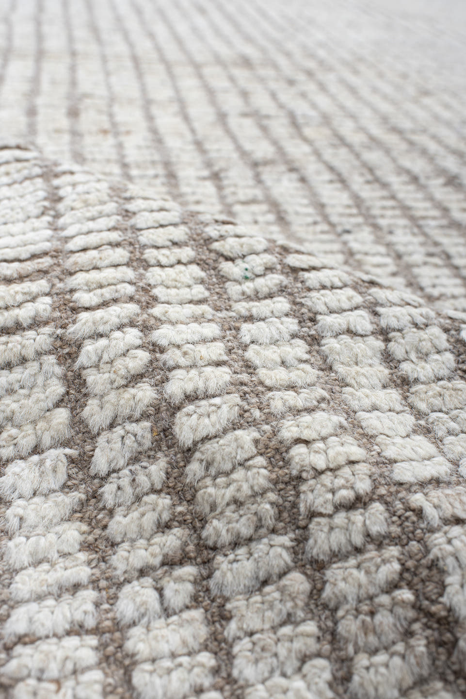 10' x 13' one-of-a-kind handmade vintage Tulu oversize rug. Color palette: ivory, taupe, cream, beige, gray