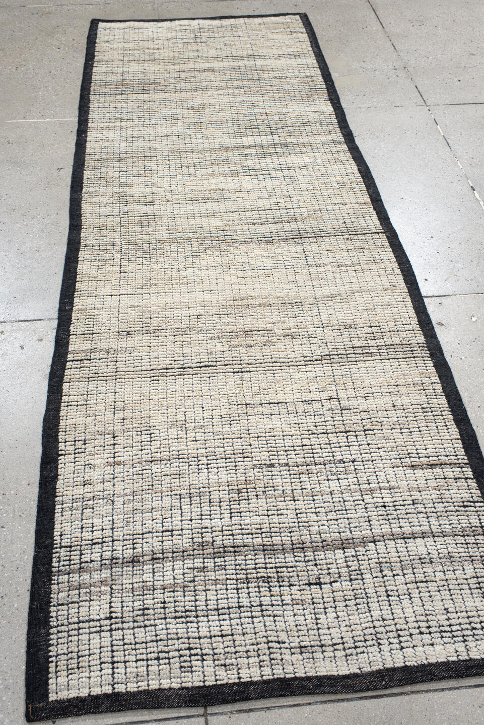 3' x 8' one-of-a-kind handmade vintage Tulu runner rug. Color palette: black, blue, charcoal, dark gray, dim gray, gainsboro
