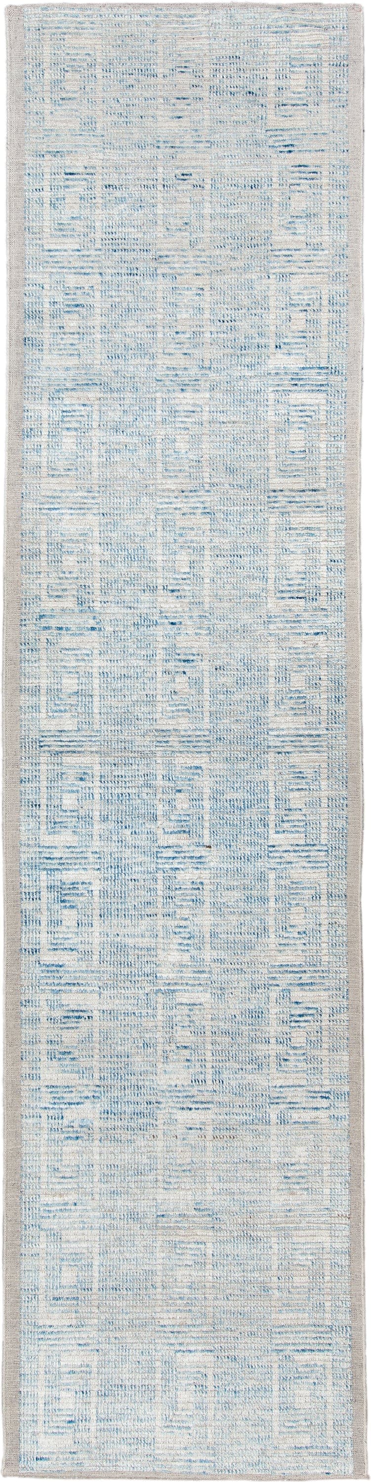 3' x 13' one-of-a-kind handmade vintage Tulu runner rug. Color palette: ivory, sky blue, light blue, taupe, beige, gray