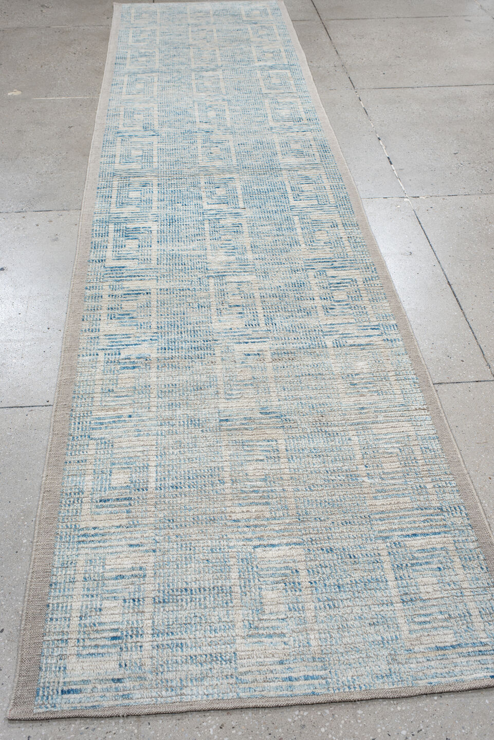3' x 13' one-of-a-kind handmade vintage Tulu runner rug. Color palette: ivory, sky blue, light blue, taupe, beige, gray