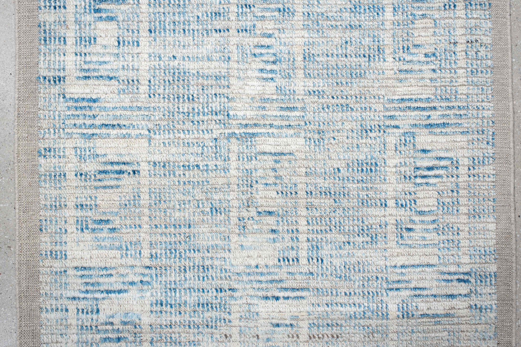 3' x 13' one-of-a-kind handmade vintage Tulu runner rug. Color palette: ivory, sky blue, light blue, taupe, beige, gray