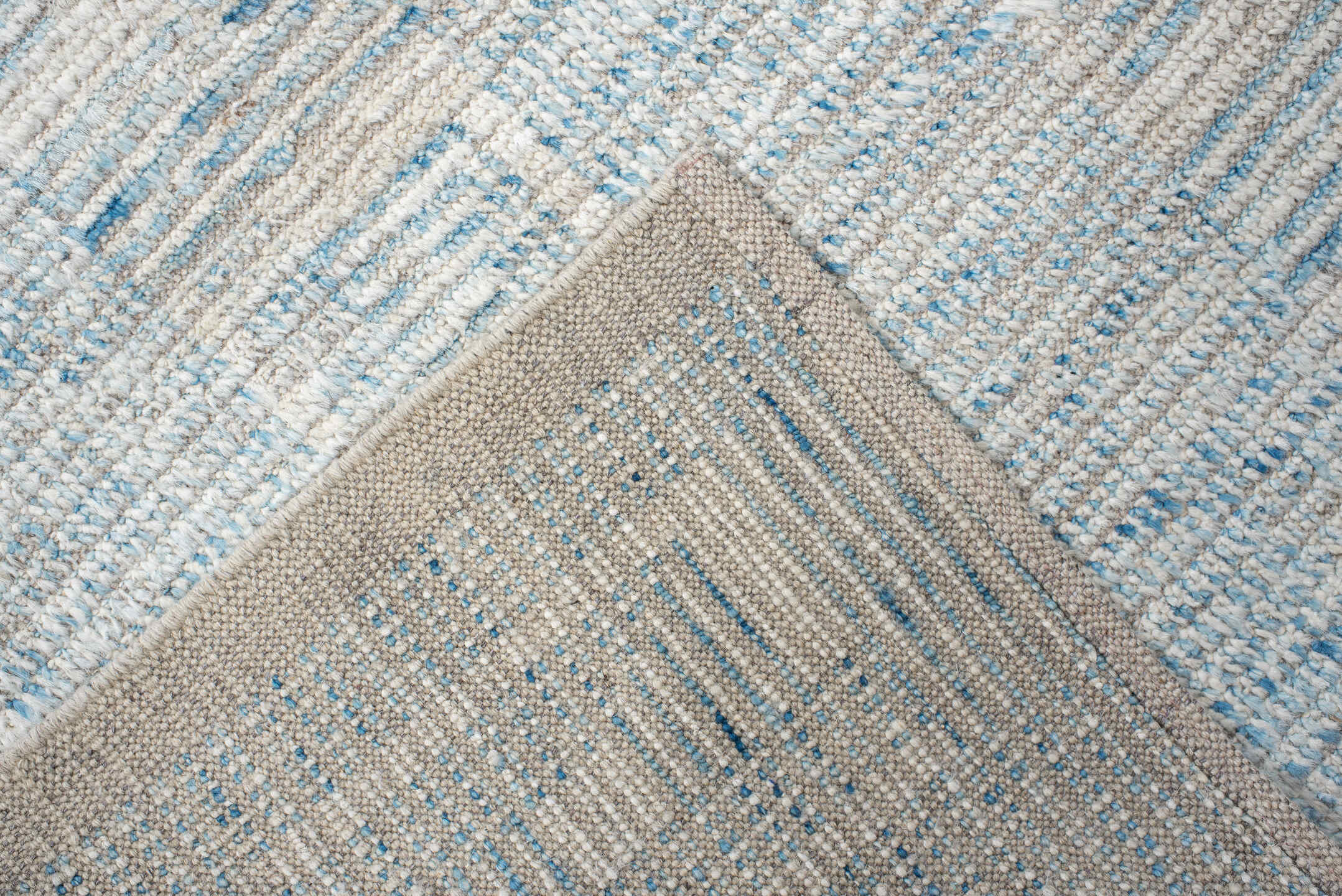 3' x 13' one-of-a-kind handmade vintage Tulu runner rug. Color palette: ivory, sky blue, light blue, taupe, beige, gray