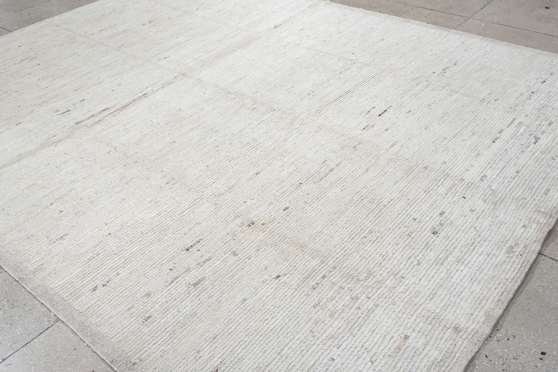 9' x 12' one-of-a-kind handmade vintage Tulu large size rug. Color palette: ivory, cream, taupe, beige, light gray, gray