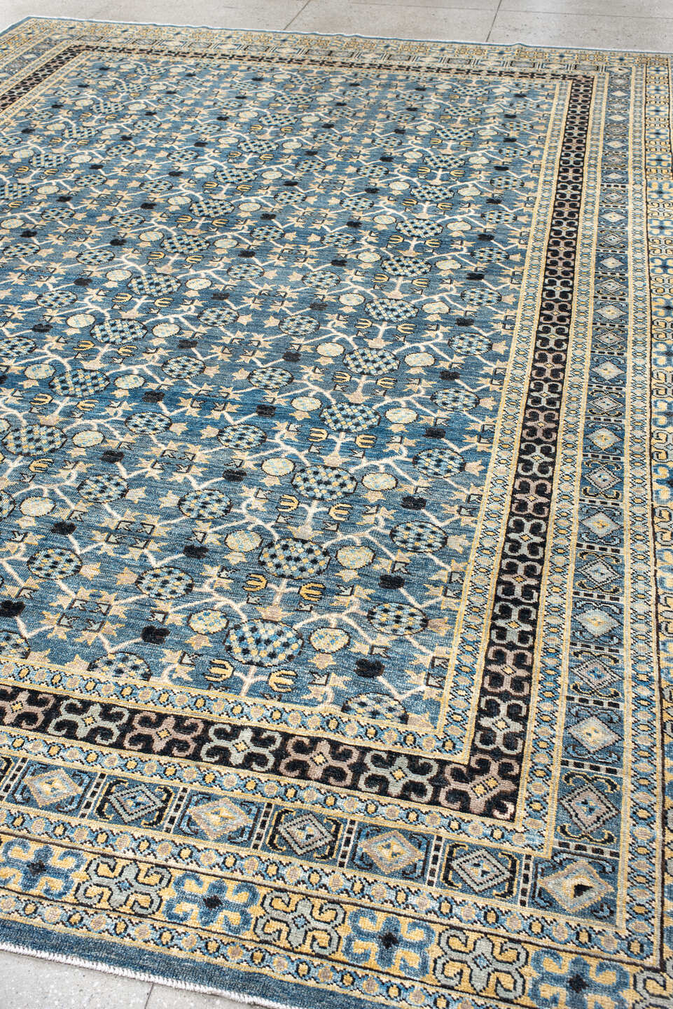 10' x 13' one-of-a-kind handmade vintage Tulu large size rug. Color palette: sky blue, ivory, navy, charcoal, cream, slate