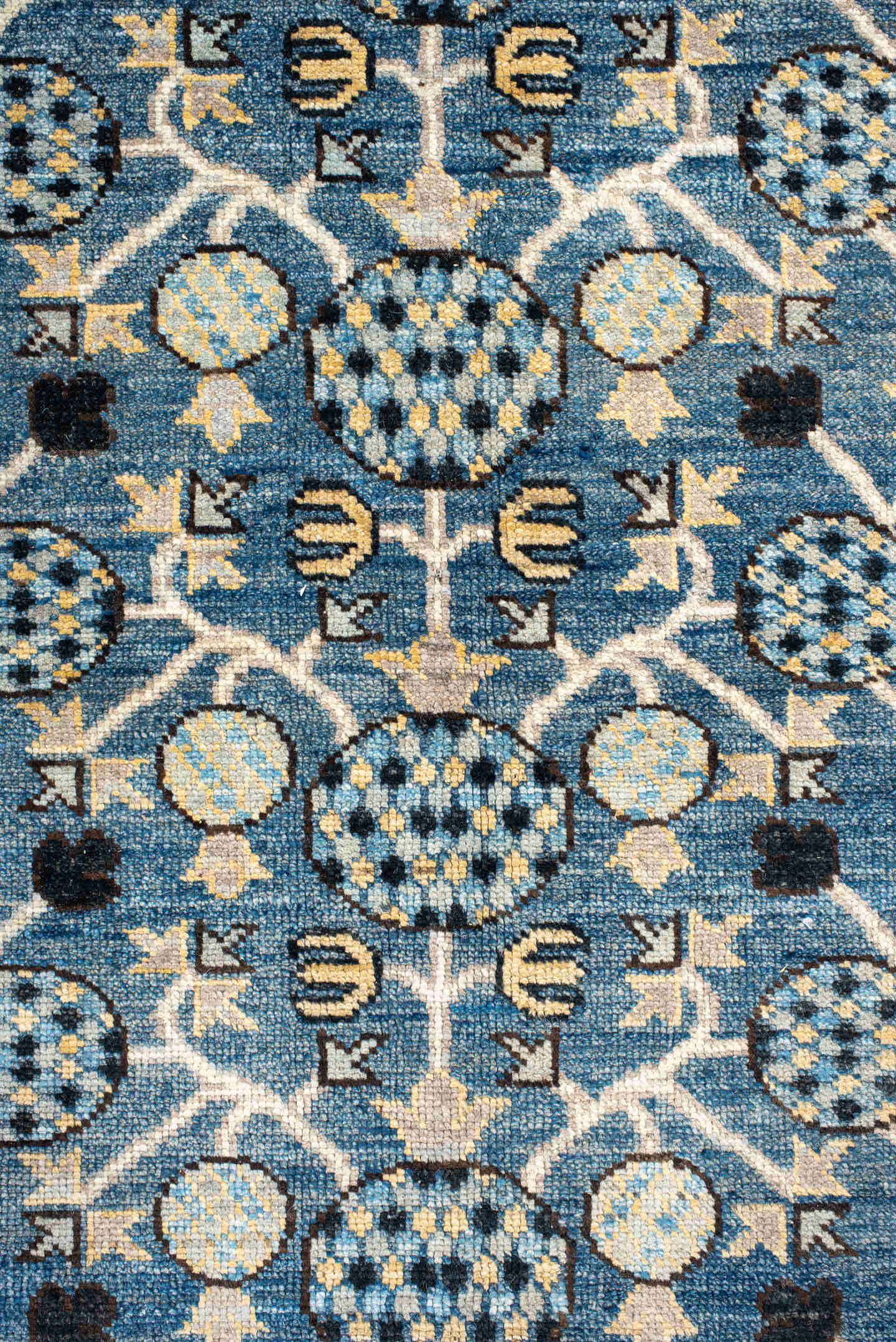 10' x 13' one-of-a-kind handmade vintage Tulu large size rug. Color palette: sky blue, ivory, navy, charcoal, cream, slate