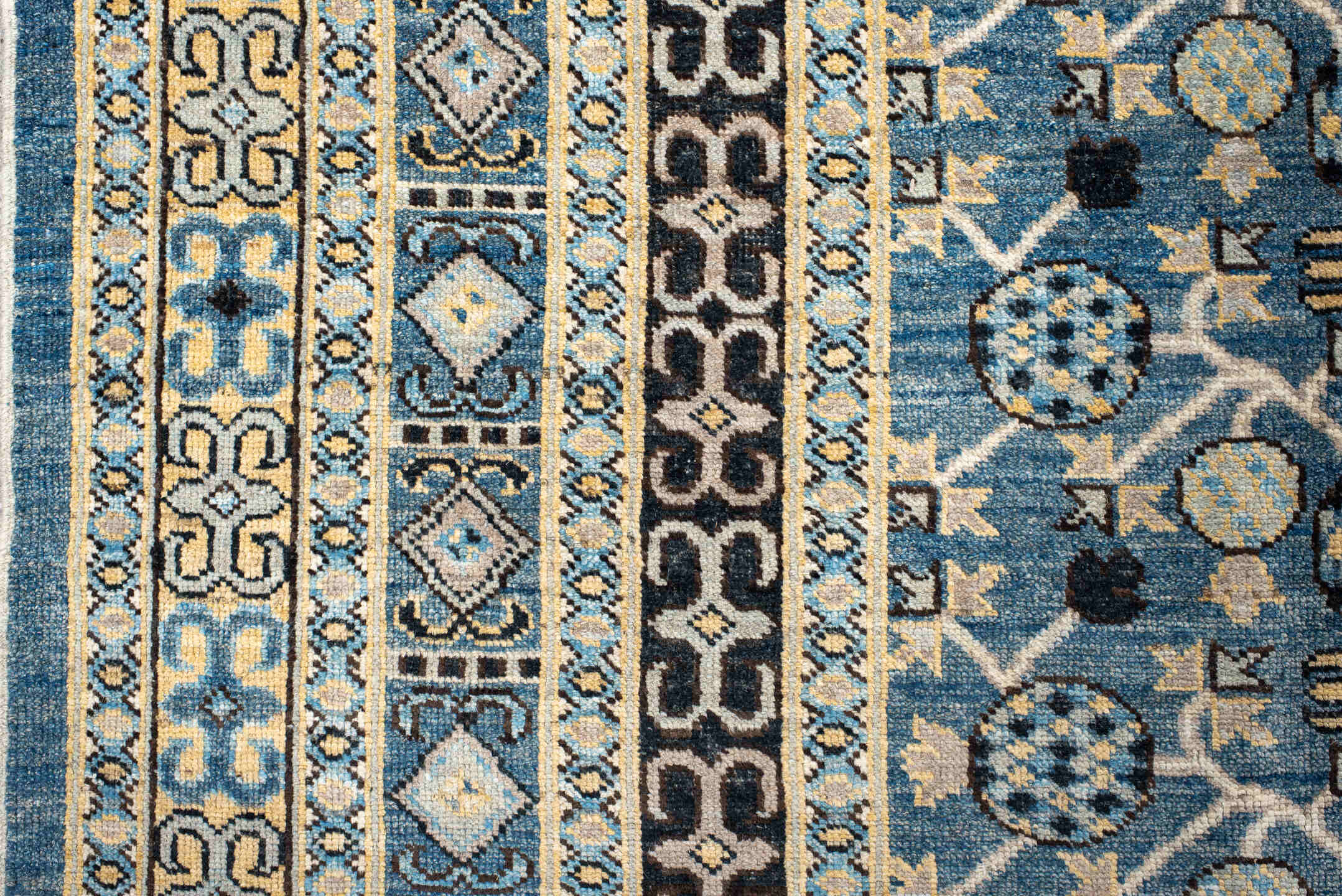 10' x 13' one-of-a-kind handmade vintage Tulu large size rug. Color palette: sky blue, ivory, navy, charcoal, cream, slate