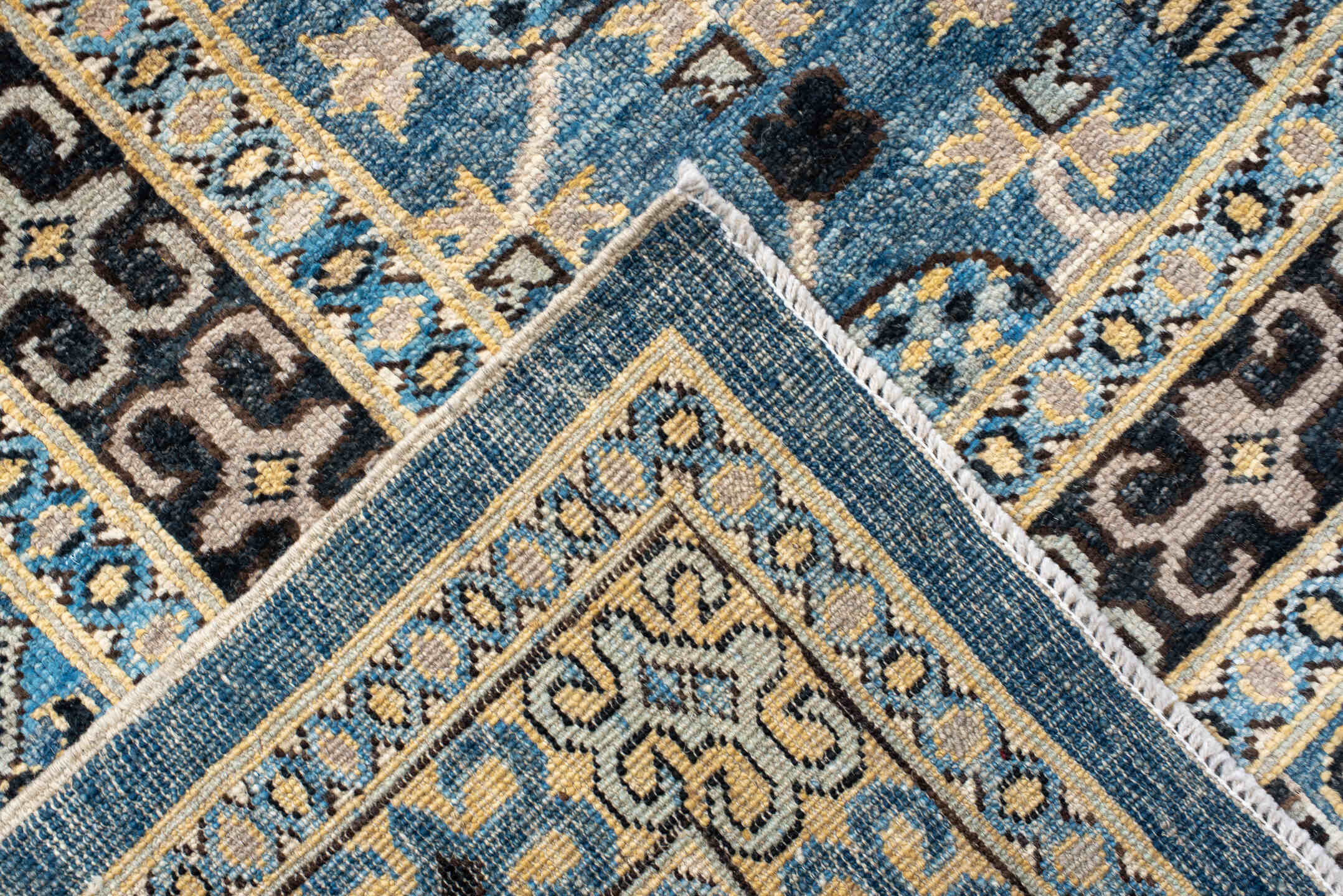 10' x 13' one-of-a-kind handmade vintage Tulu large size rug. Color palette: sky blue, ivory, navy, charcoal, cream, slate