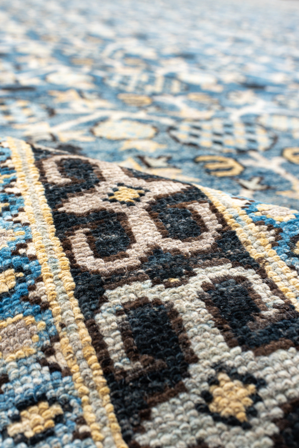 10' x 13' one-of-a-kind handmade vintage Tulu large size rug. Color palette: sky blue, ivory, navy, charcoal, cream, slate