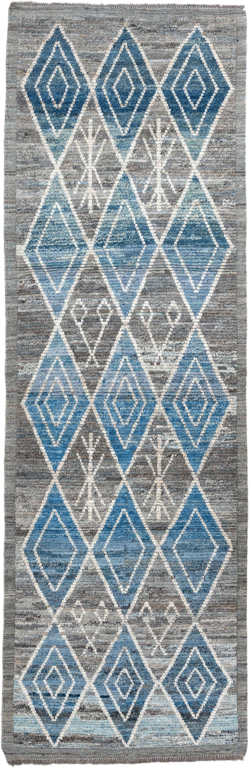 3' x 9' one-of-a-kind handmade vintage Tulu runner rug. Color palette: gray, sky blue, ivory, slate, charcoal, light blue