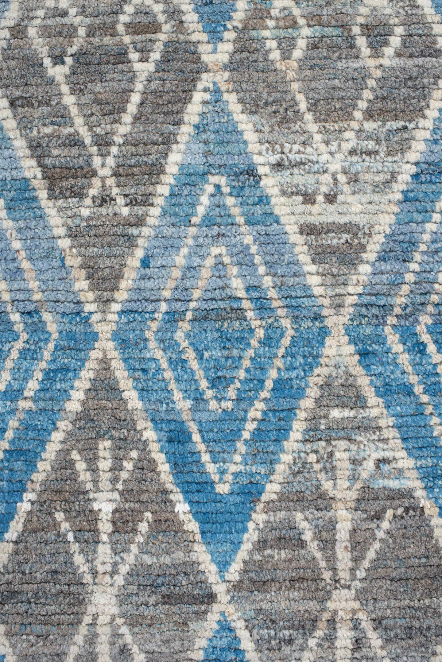 3' x 9' one-of-a-kind handmade vintage Tulu runner rug. Color palette: gray, sky blue, ivory, slate, charcoal, light blue