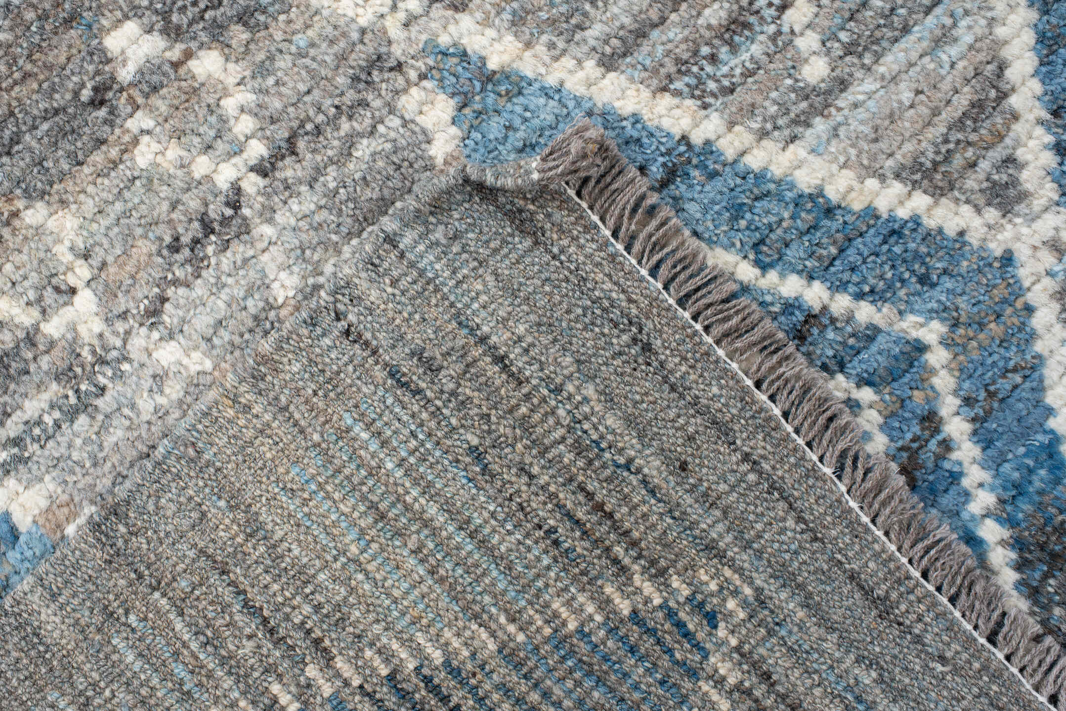 3' x 9' one-of-a-kind handmade vintage Tulu runner rug. Color palette: gray, sky blue, ivory, slate, charcoal, light blue