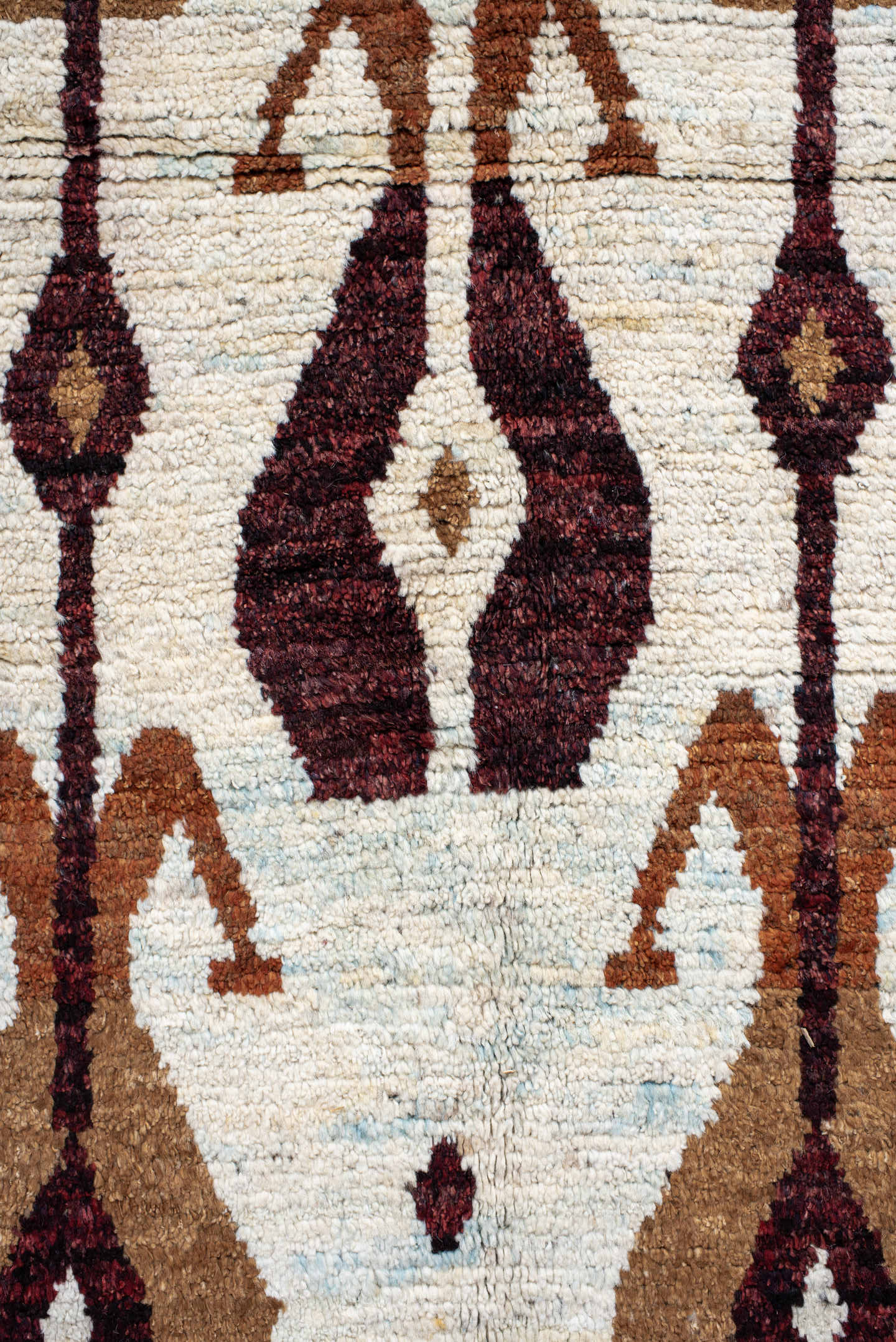 8' x 10' one-of-a-kind handmade vintage Tulu large size rug. Color palette: ivory, camel, rust, burgundy, sky_blue, taupe