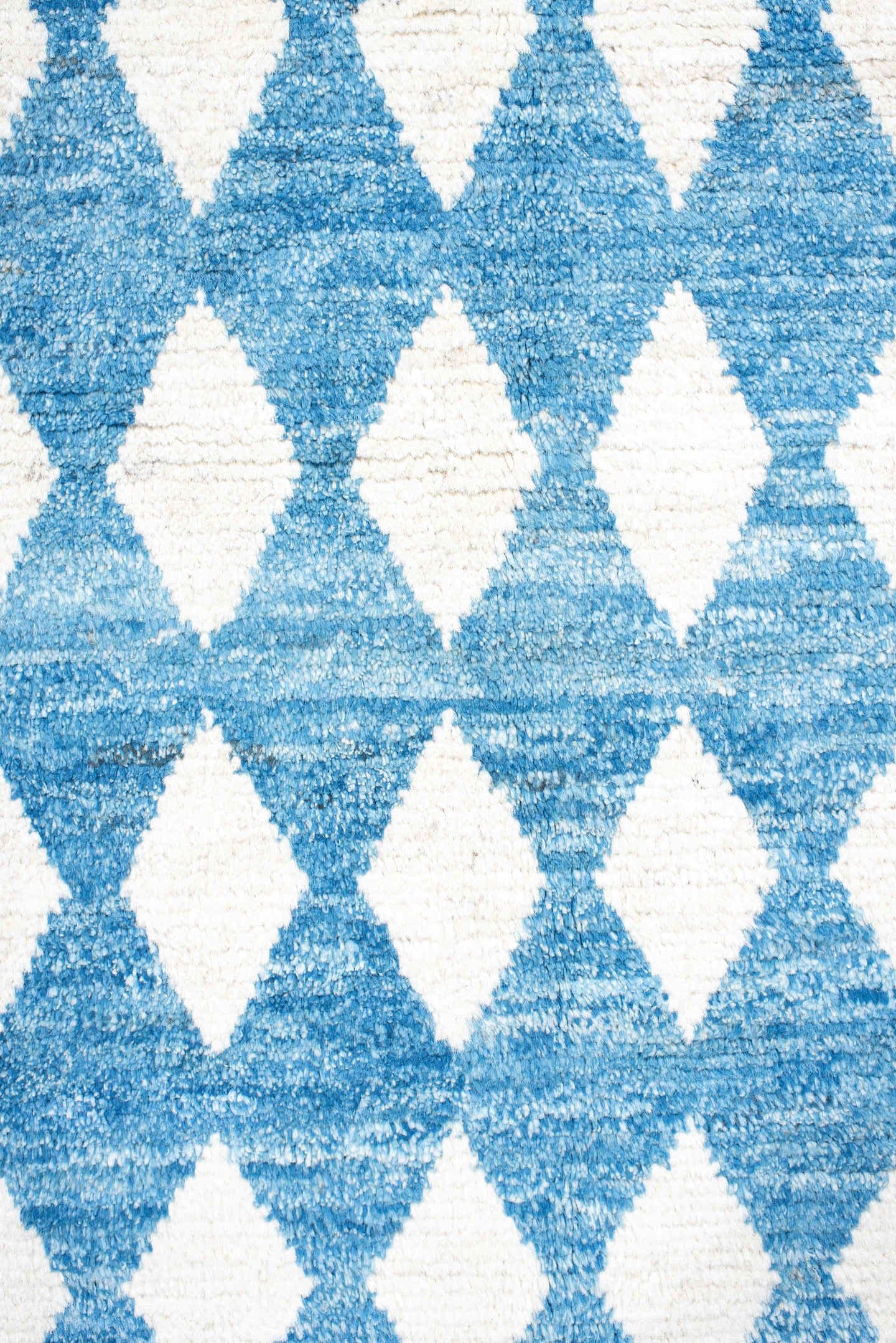 2' x 10' one-of-a-kind handmade vintage Tulu runner rug. Color palette: blue, ivory, cream