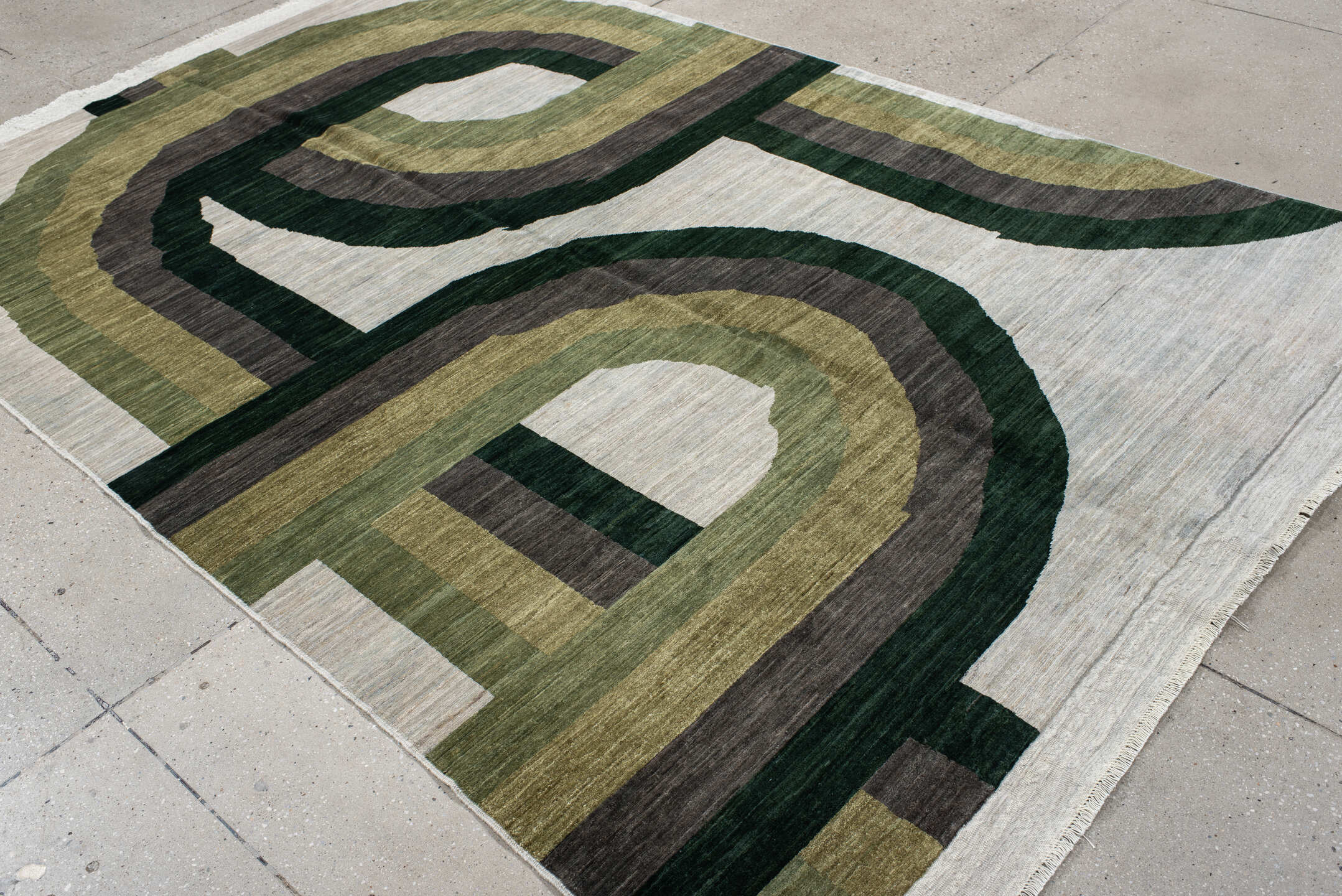 6' x 8' one-of-a-kind handmade handmade Contemporary medium size rug. Color palette: ivory, olive, sage, charcoal