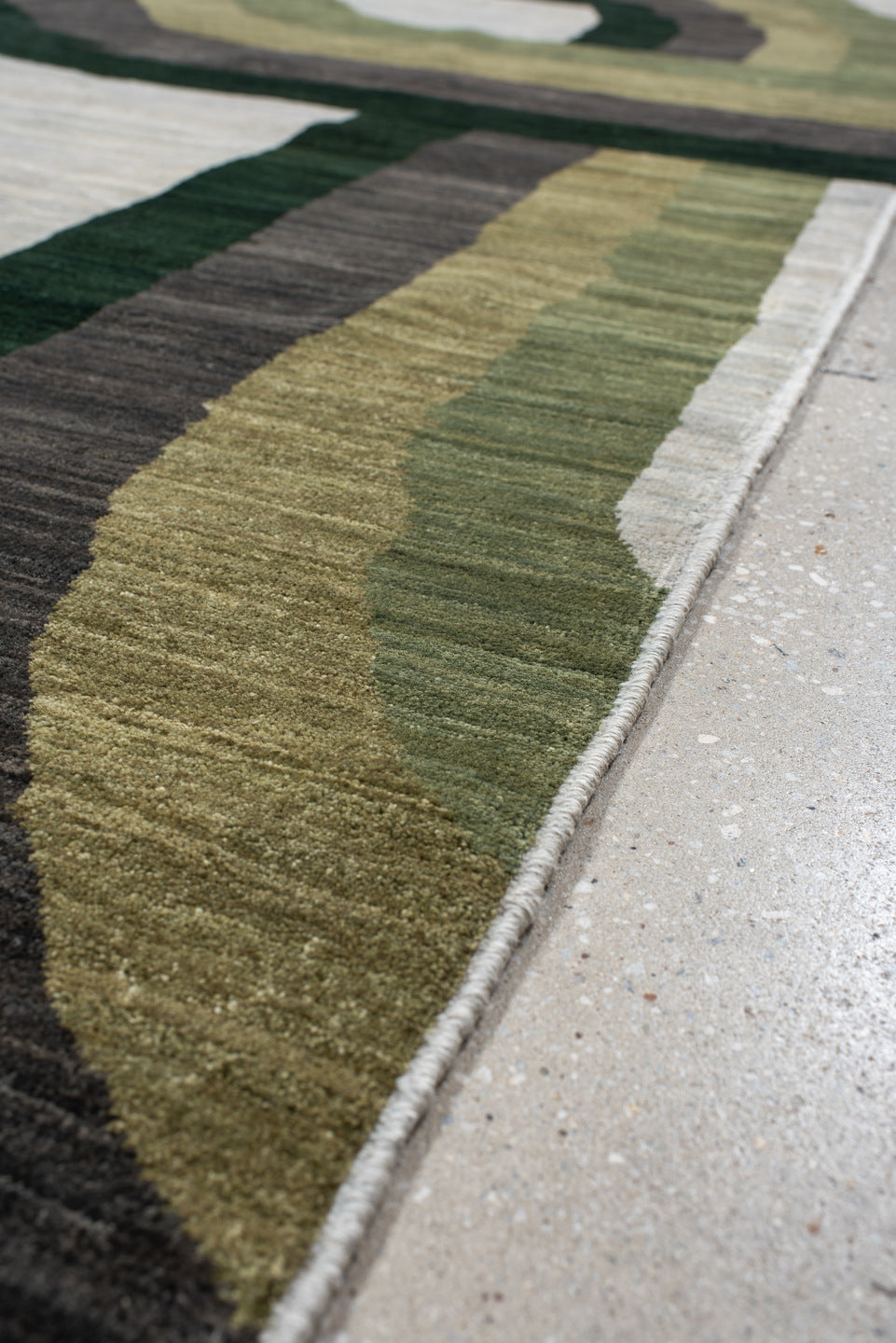 6' x 8' one-of-a-kind handmade handmade Contemporary medium size rug. Color palette: ivory, olive, sage, charcoal