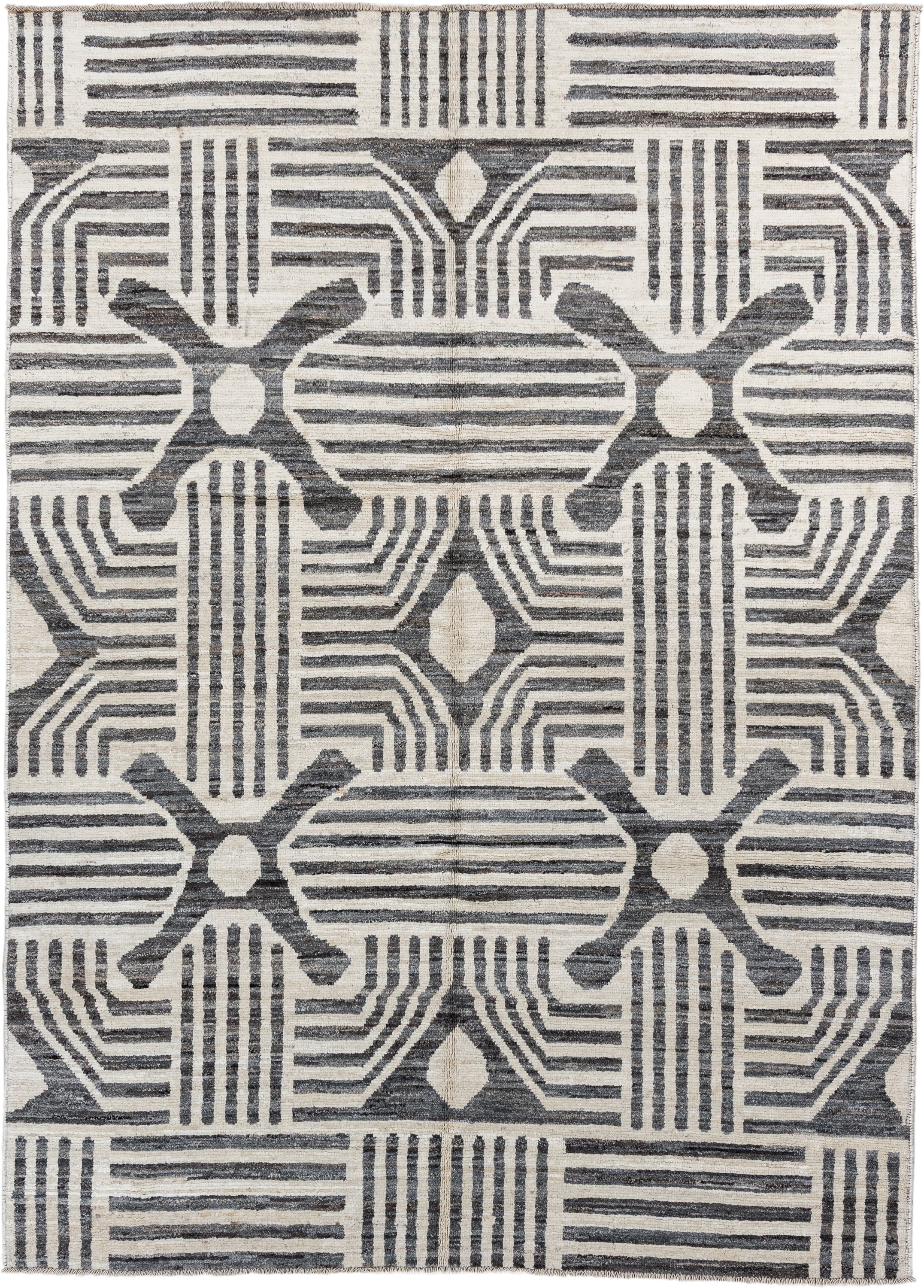 6' x 9' one-of-a-kind handmade vintage Tulu large size rug. Color palette: ivory, charcoal, cream, gray, black