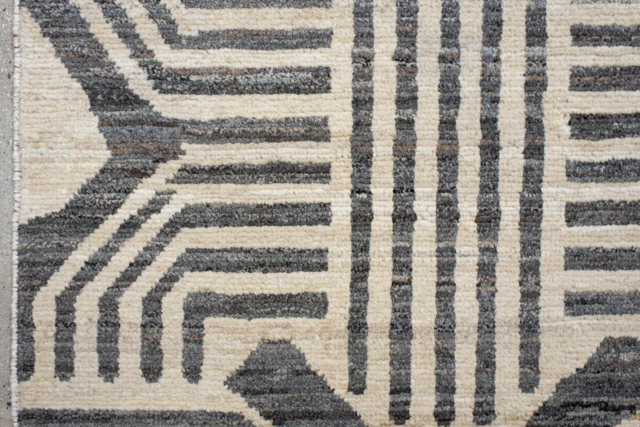 6' x 9' one-of-a-kind handmade vintage Tulu large size rug. Color palette: ivory, charcoal, cream, gray, black