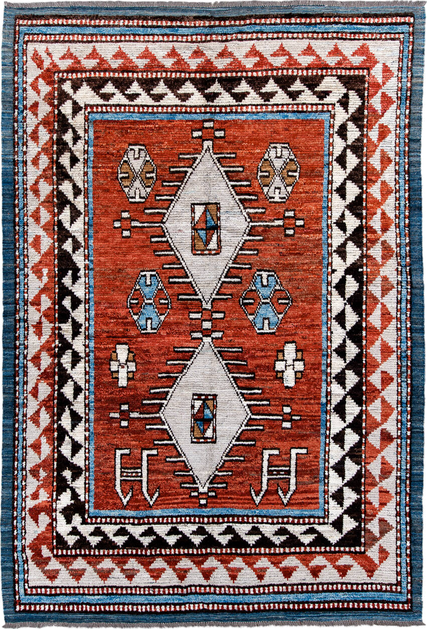 6' x 9' one-of-a-kind handmade vintage Tulu medium size rug. Color palette: blue, brown, dark gray, gainsboro, gray