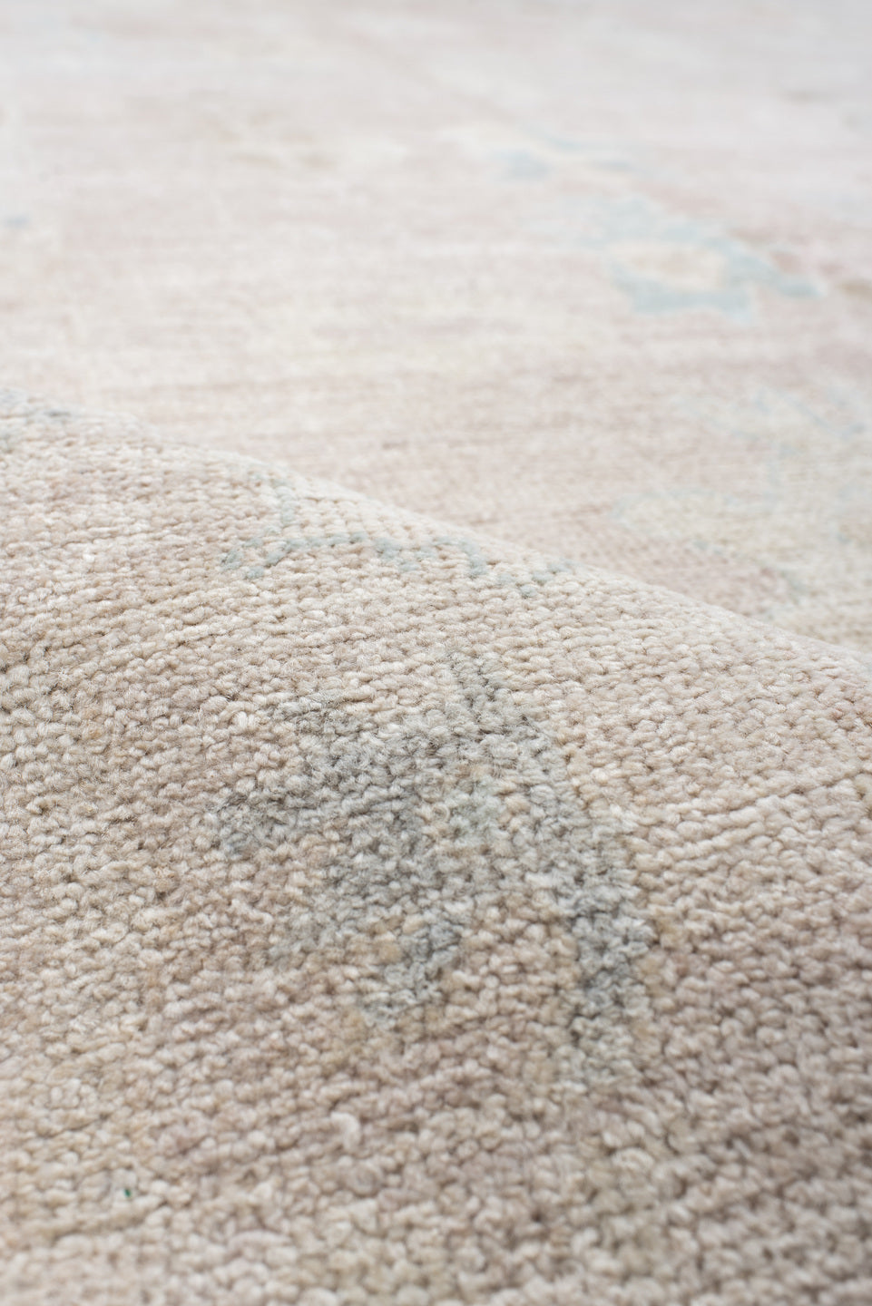 8' x 12' one-of-a-kind handmade vintage Oushak large size rug. Color palette: ivory, cream, blush, pale blue, beige, sand