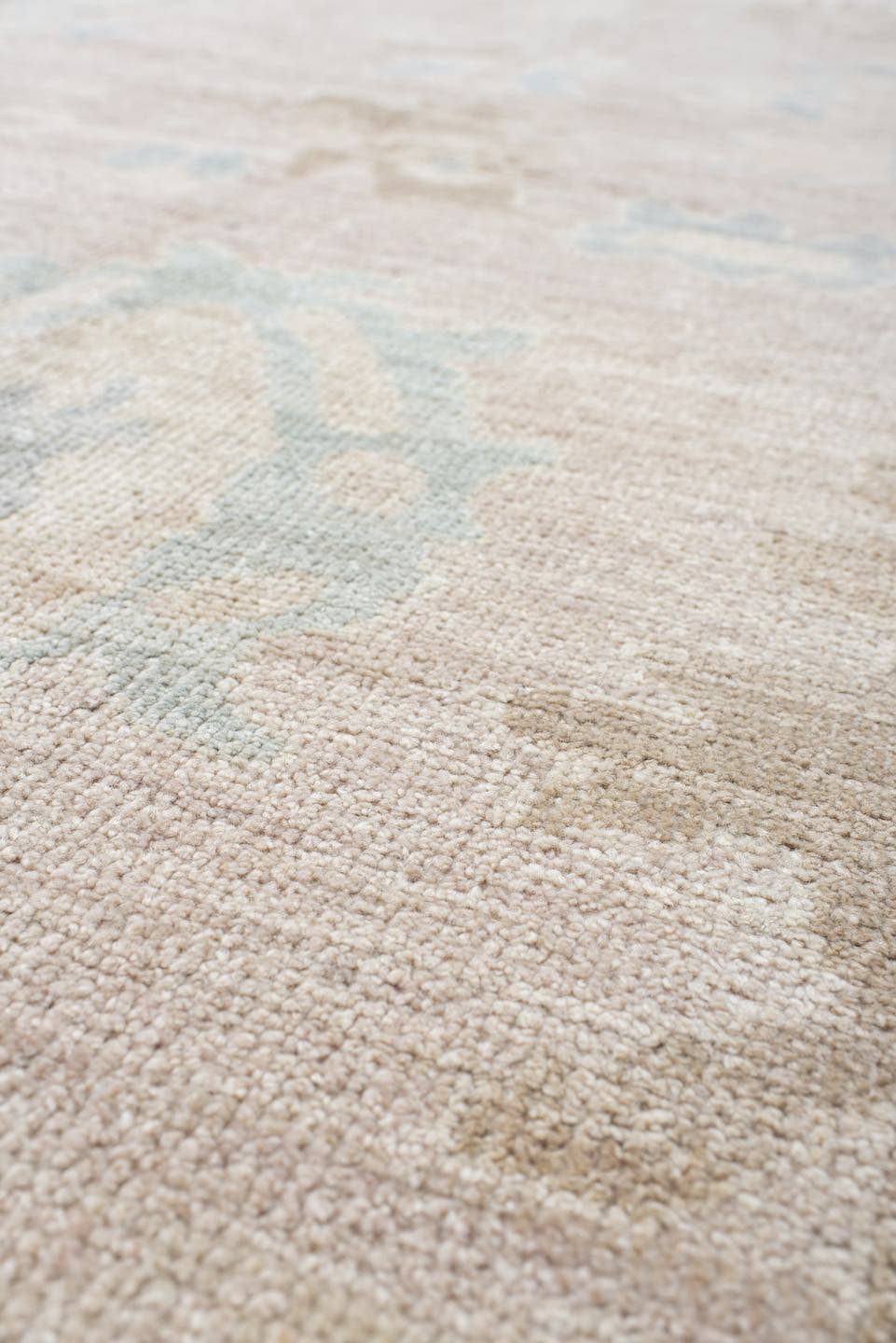 8' x 12' one-of-a-kind handmade vintage Oushak large size rug. Color palette: ivory, cream, blush, pale blue, beige, sand