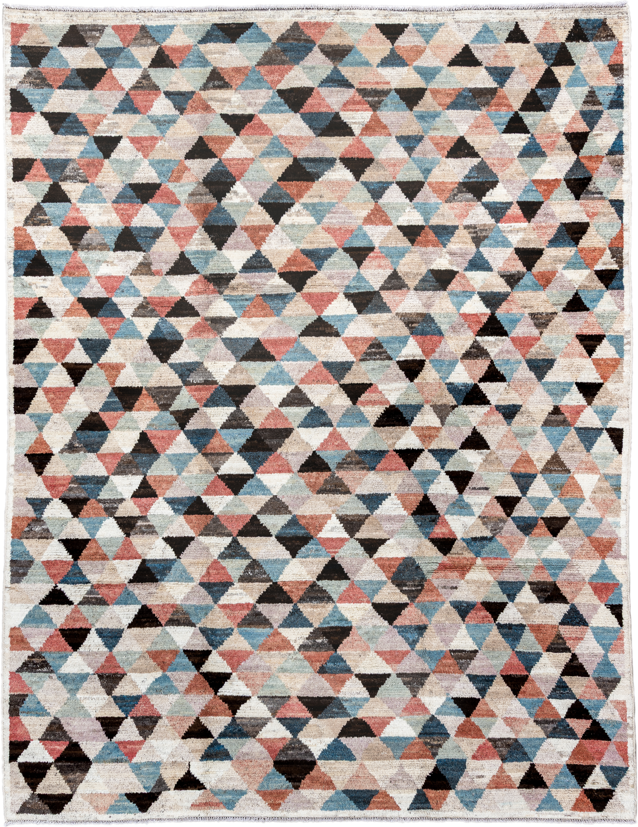 8' x 10' one-of-a-kind handmade vintage Tulu large size rug. Color palette: ivory, sky_blue, charcoal, coral, taupe, slate