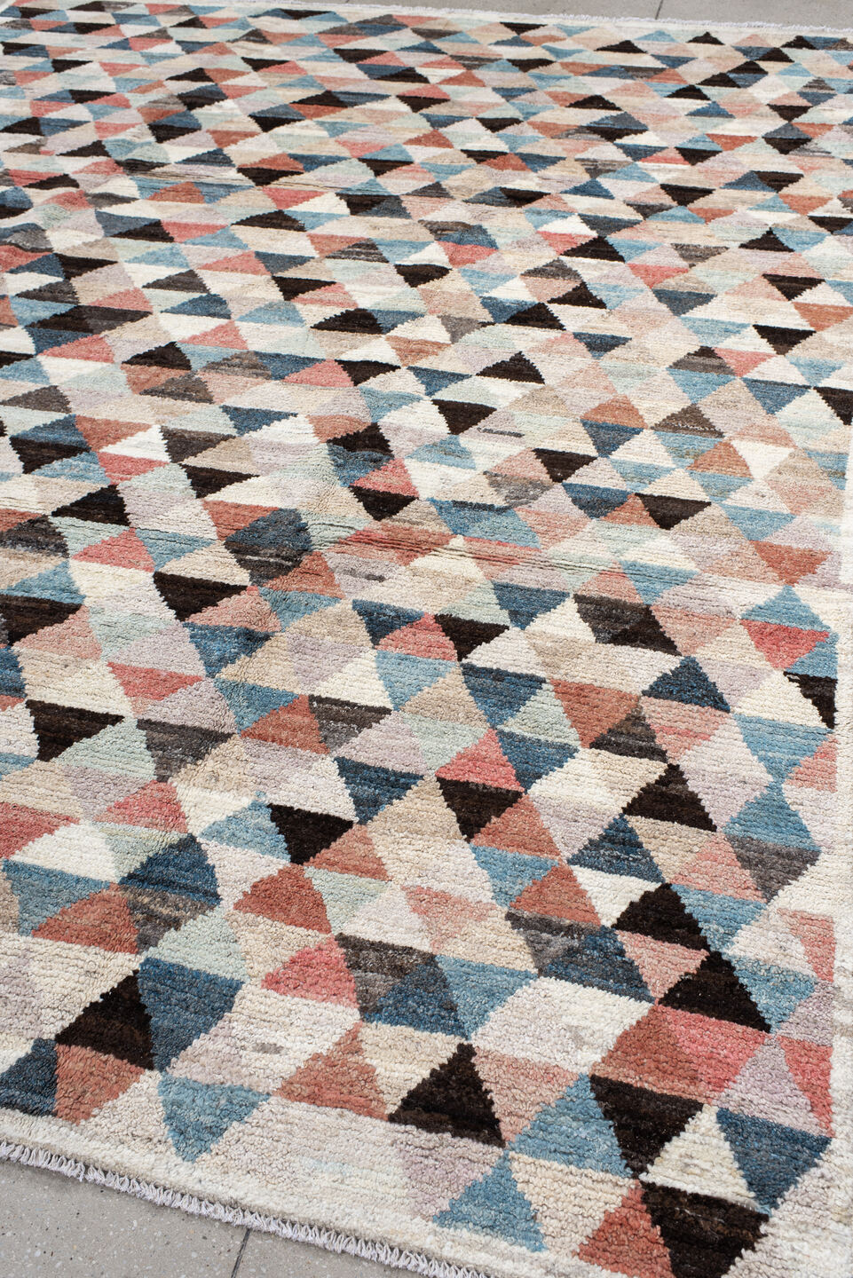 8' x 10' one-of-a-kind handmade vintage Tulu large size rug. Color palette: ivory, sky_blue, charcoal, coral, taupe, slate