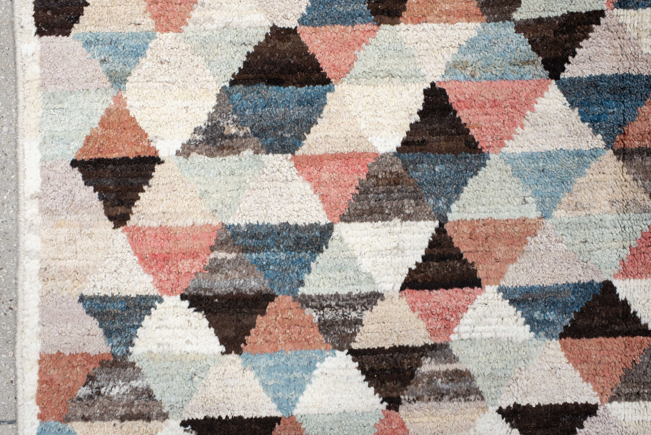 8' x 10' one-of-a-kind handmade vintage Tulu large size rug. Color palette: ivory, sky_blue, charcoal, coral, taupe, slate