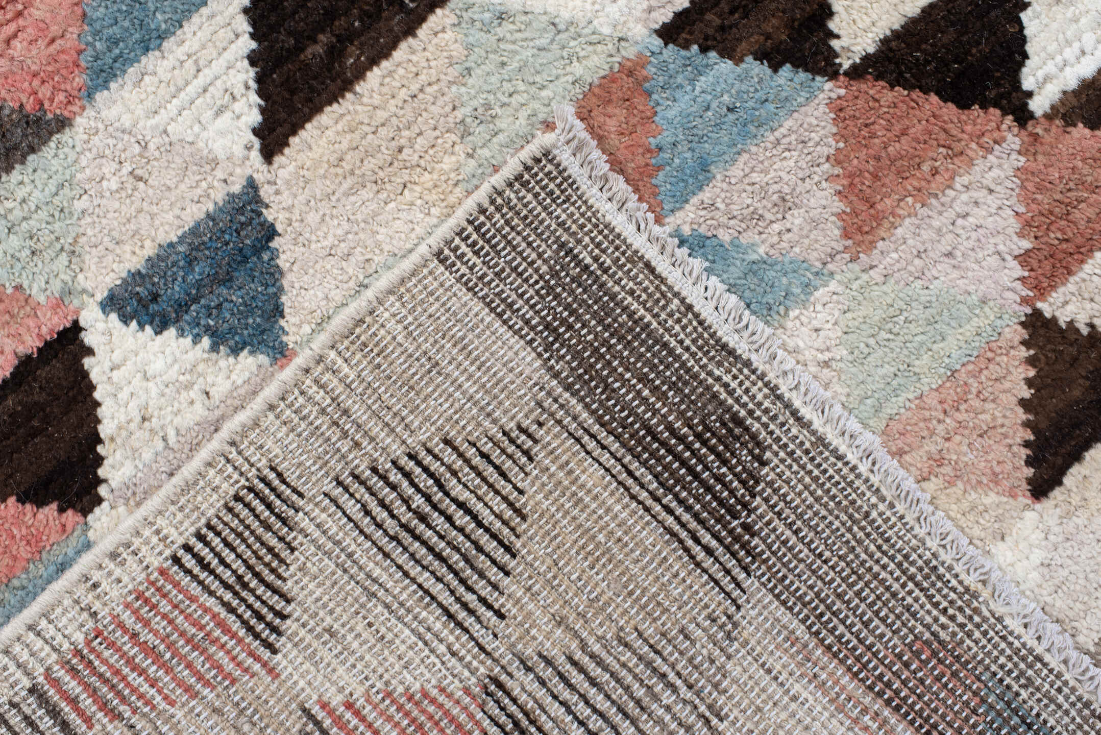 8' x 10' one-of-a-kind handmade vintage Tulu large size rug. Color palette: ivory, sky_blue, charcoal, coral, taupe, slate