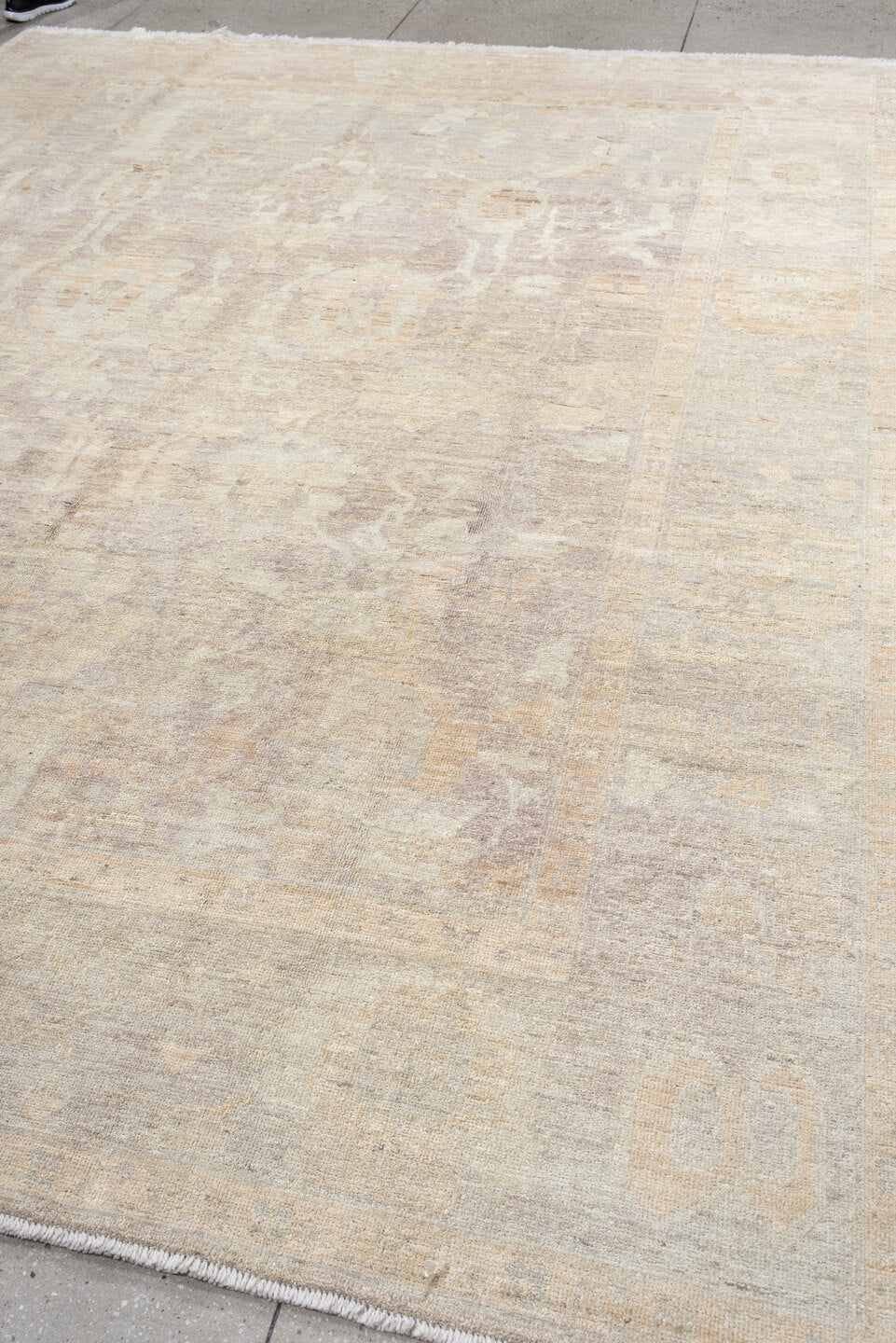 9' x 12' one-of-a-kind handmade vintage Oushak large size rug. Color palette: brown, gray, light gray, off-white, pink