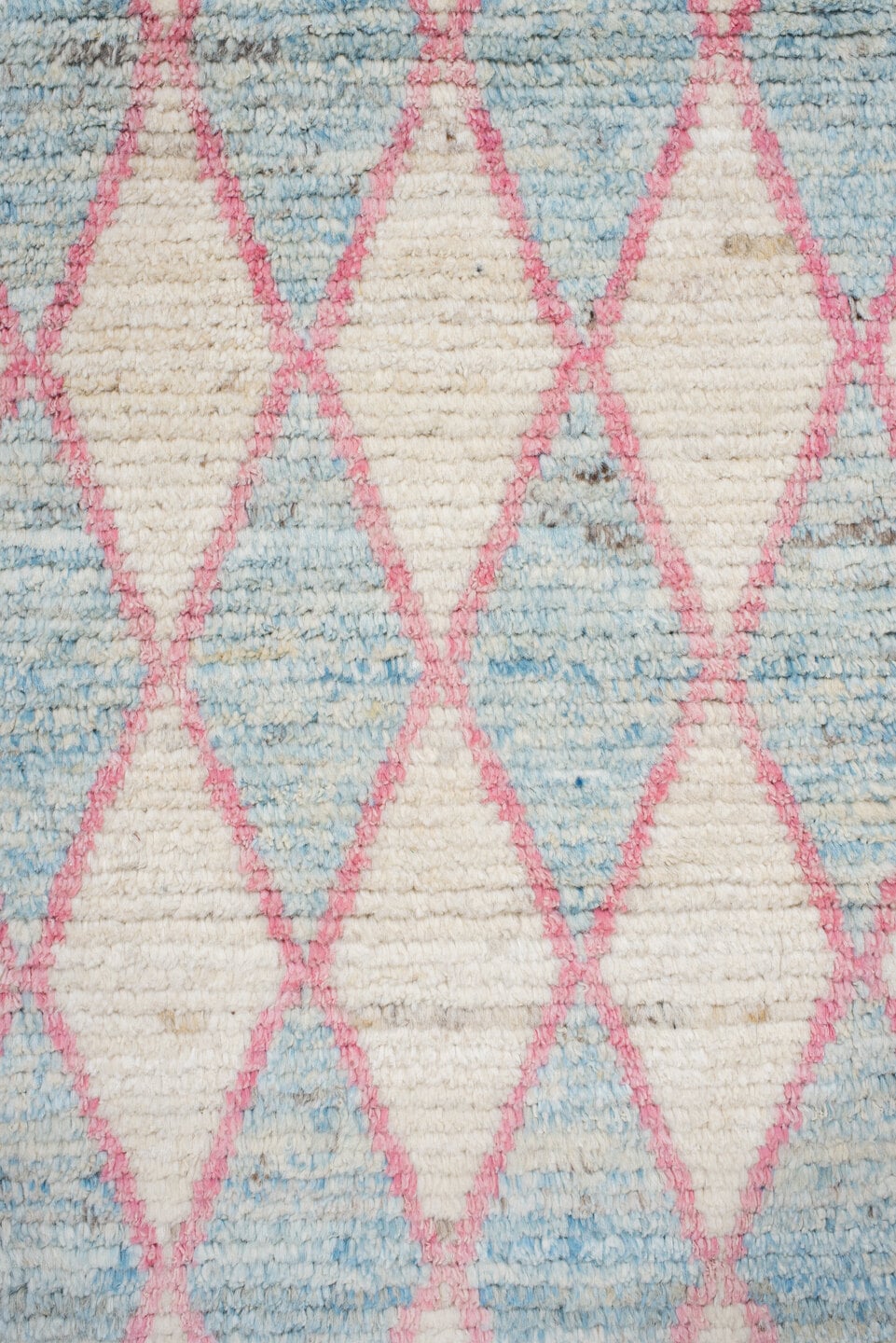 3' x 9' one-of-a-kind handmade vintage Tulu runner rug. Color palette: ivory, sky blue, pink, taupe, light blue, beige, gray