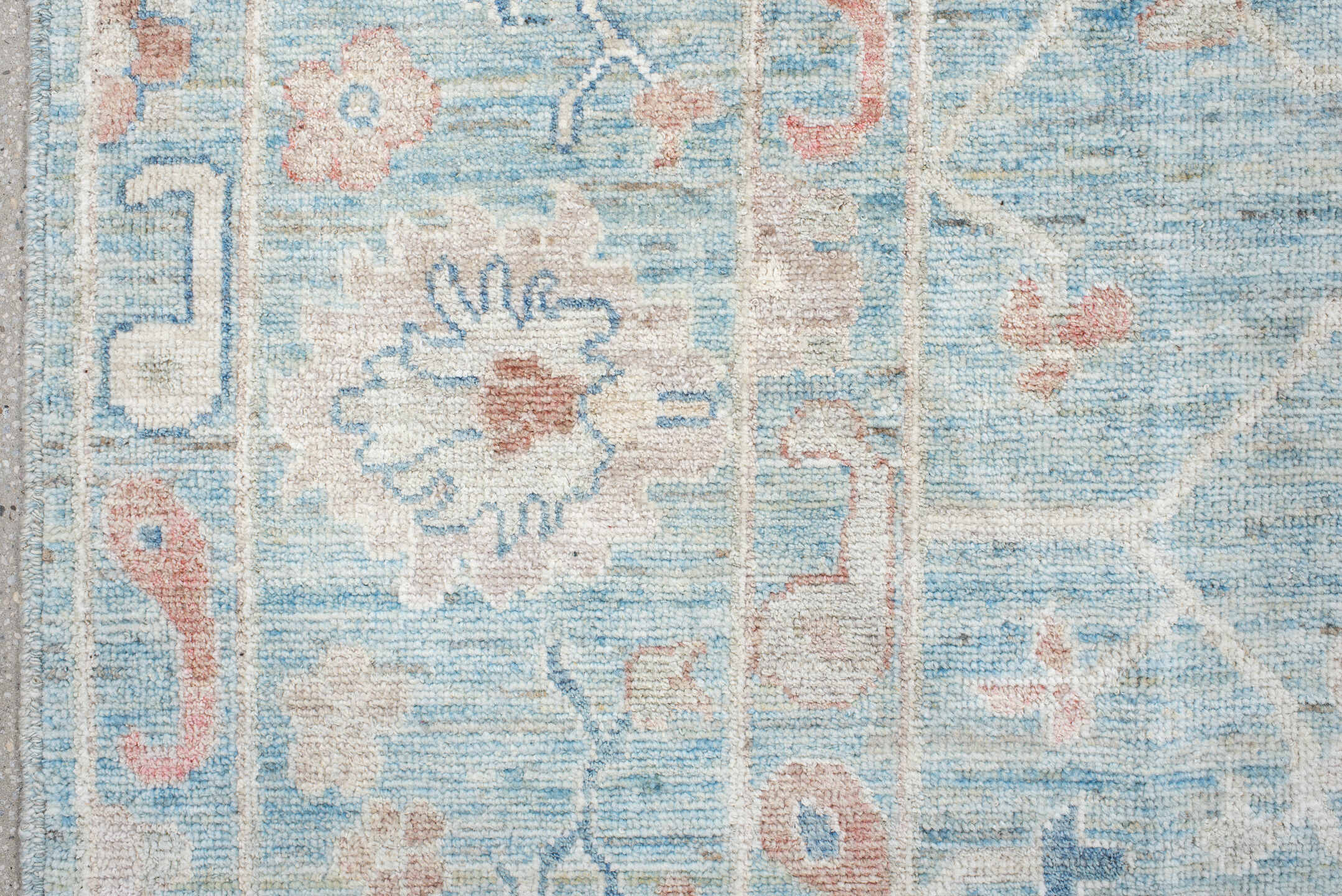9' x 11' one-of-a-kind handmade vintage Oushak large size rug. Color palette: sky blue, ivory, blush, navy, rust, taupe