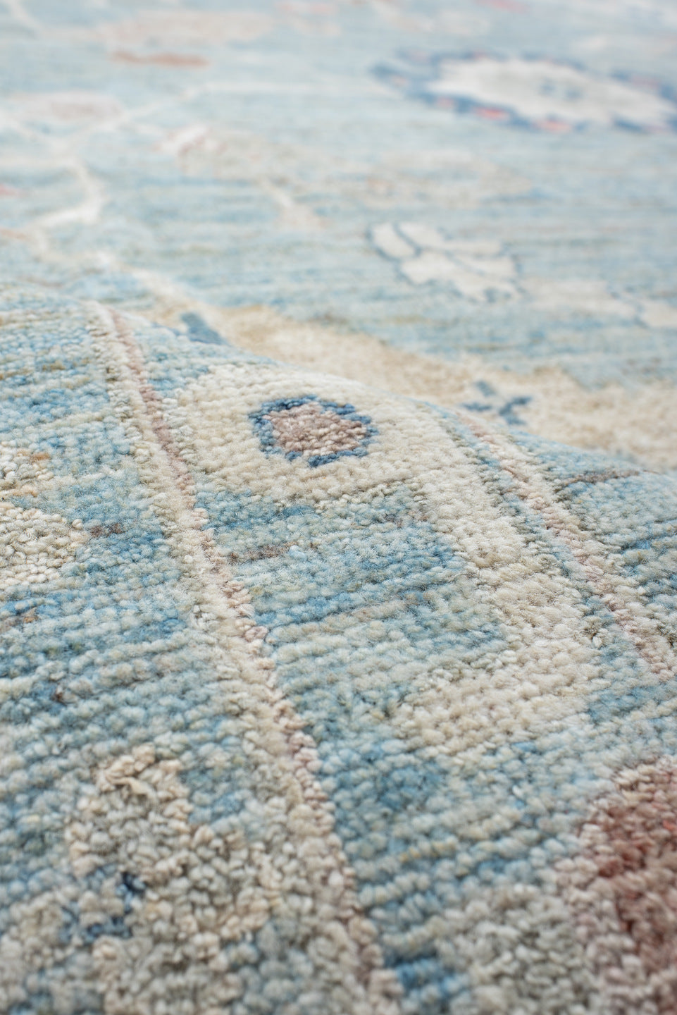 9' x 11' one-of-a-kind handmade vintage Oushak large size rug. Color palette: sky blue, ivory, blush, navy, rust, taupe