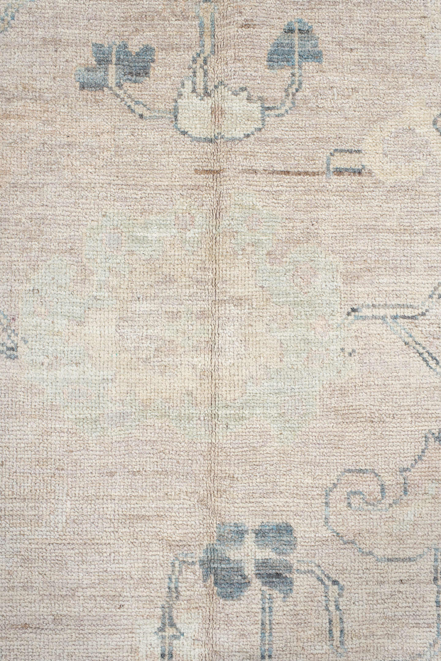 8' x 10' one-of-a-kind handmade vintage Oushak large size rug. Color palette: ivory, pale blue, taupe, beige, slate, cream