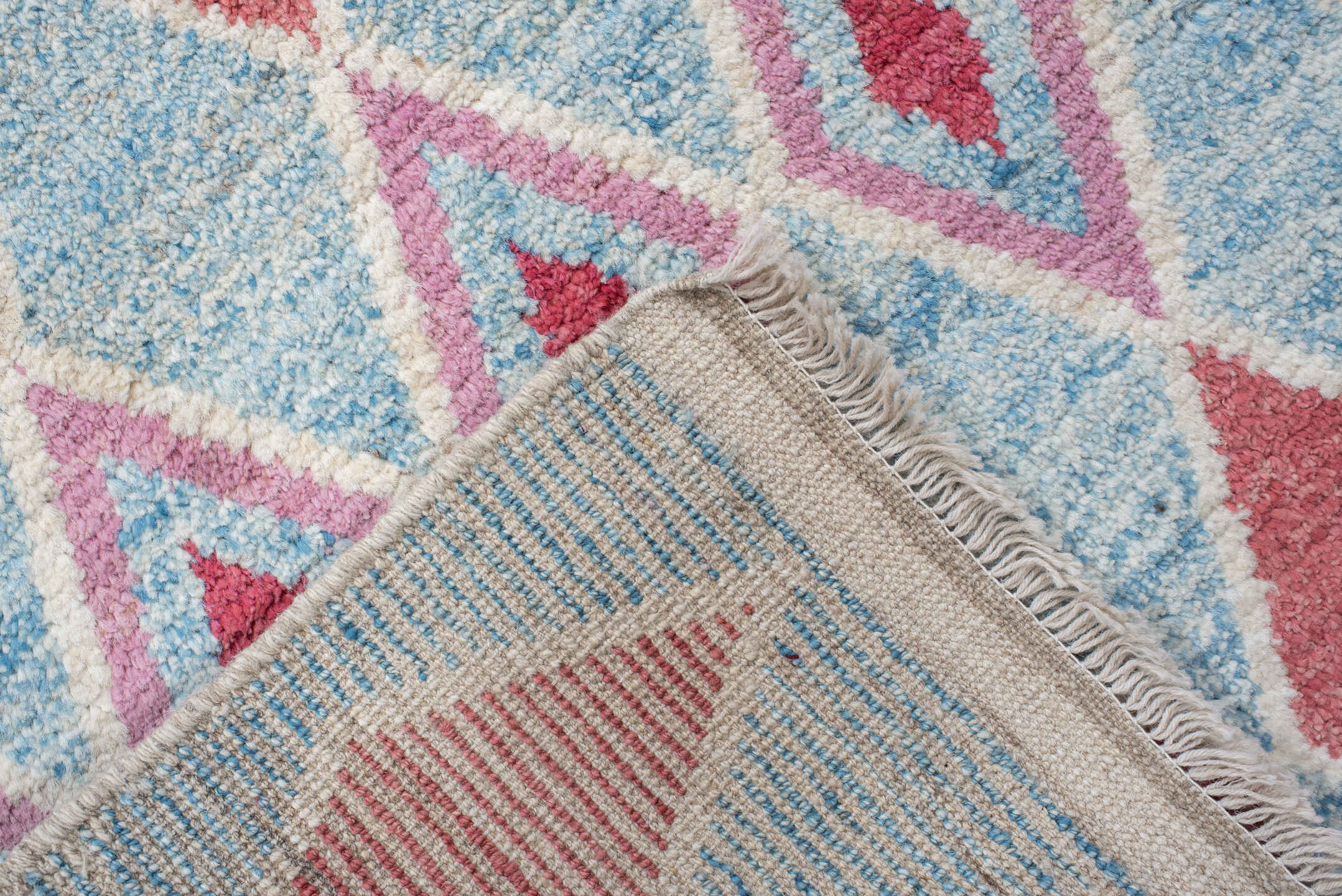 3' x 9' one-of-a-kind handmade vintage Tulu runner rug. Color palette: sky blue, ivory, rose, crimson, lavender, light blue