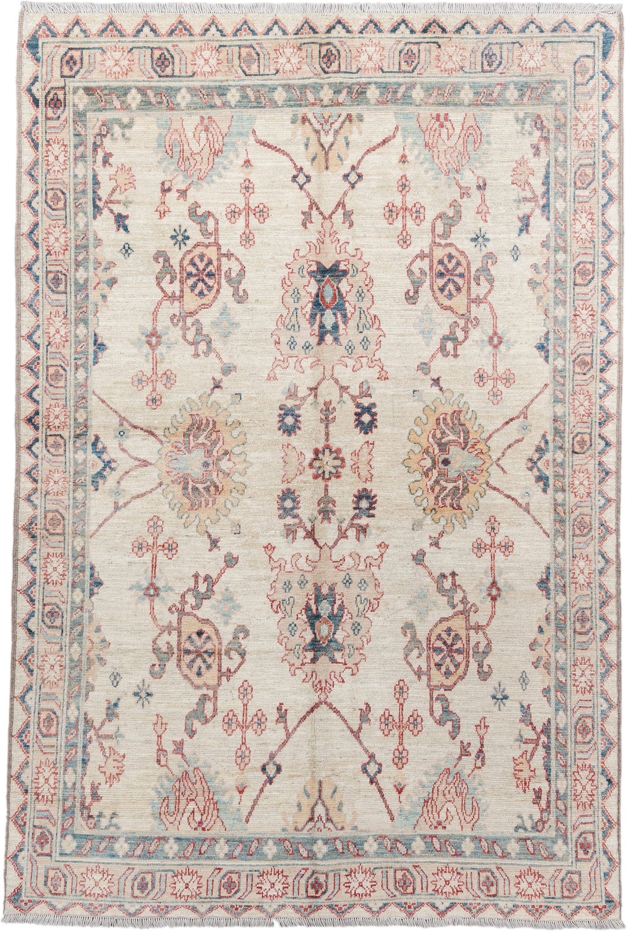 5' x 8' one-of-a-kind handmade vintage Oushak medium size rug. Color palette: ivory, sky blue, coral, pale gold, taupe