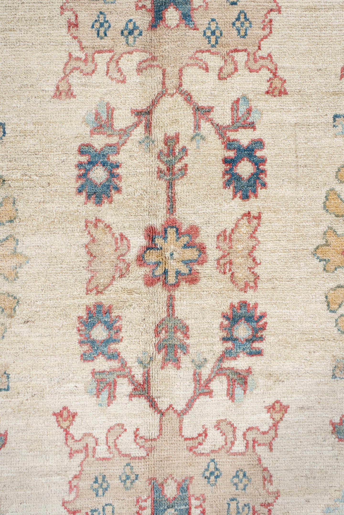 5' x 8' one-of-a-kind handmade vintage Oushak medium size rug. Color palette: ivory, sky blue, coral, pale gold, taupe
