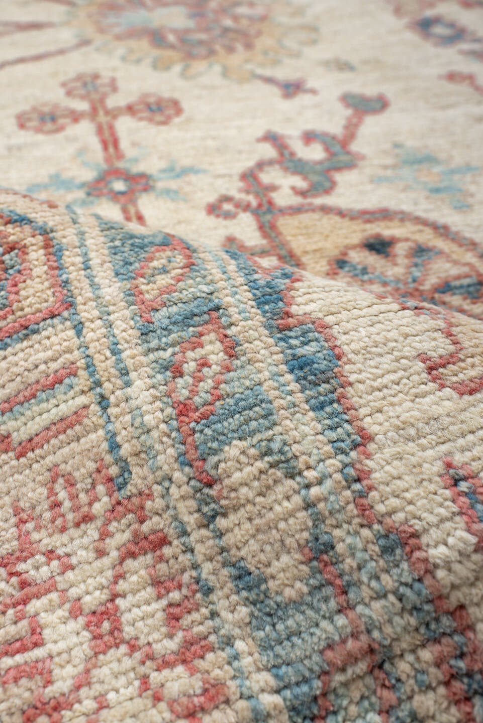 5' x 8' one-of-a-kind handmade vintage Oushak medium size rug. Color palette: ivory, sky blue, coral, pale gold, taupe