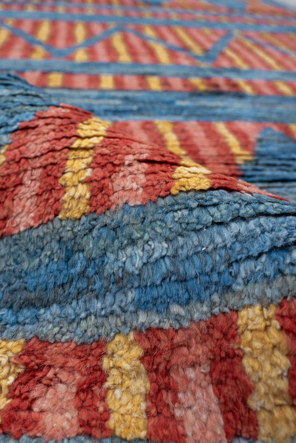 3' x 16' one-of-a-kind handmade vintage Tulu runner rug. Color palette: blue, rust, gold, ivory, orange, terracotta, brown
