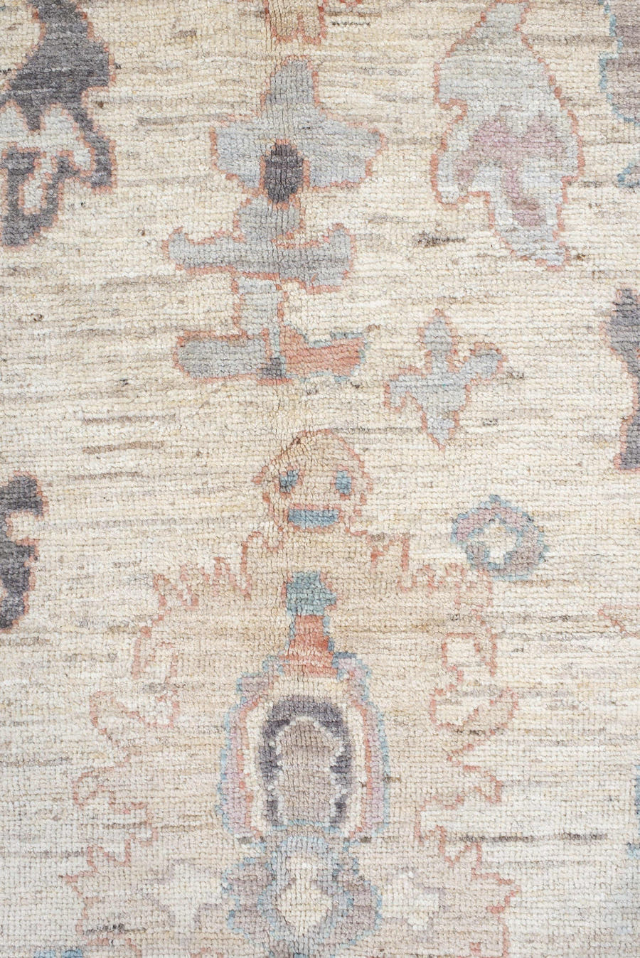 6' x 8' one-of-a-kind handmade vintage Oushak medium size rug. Color palette: ivory, cream, taupe, pale blue, blush