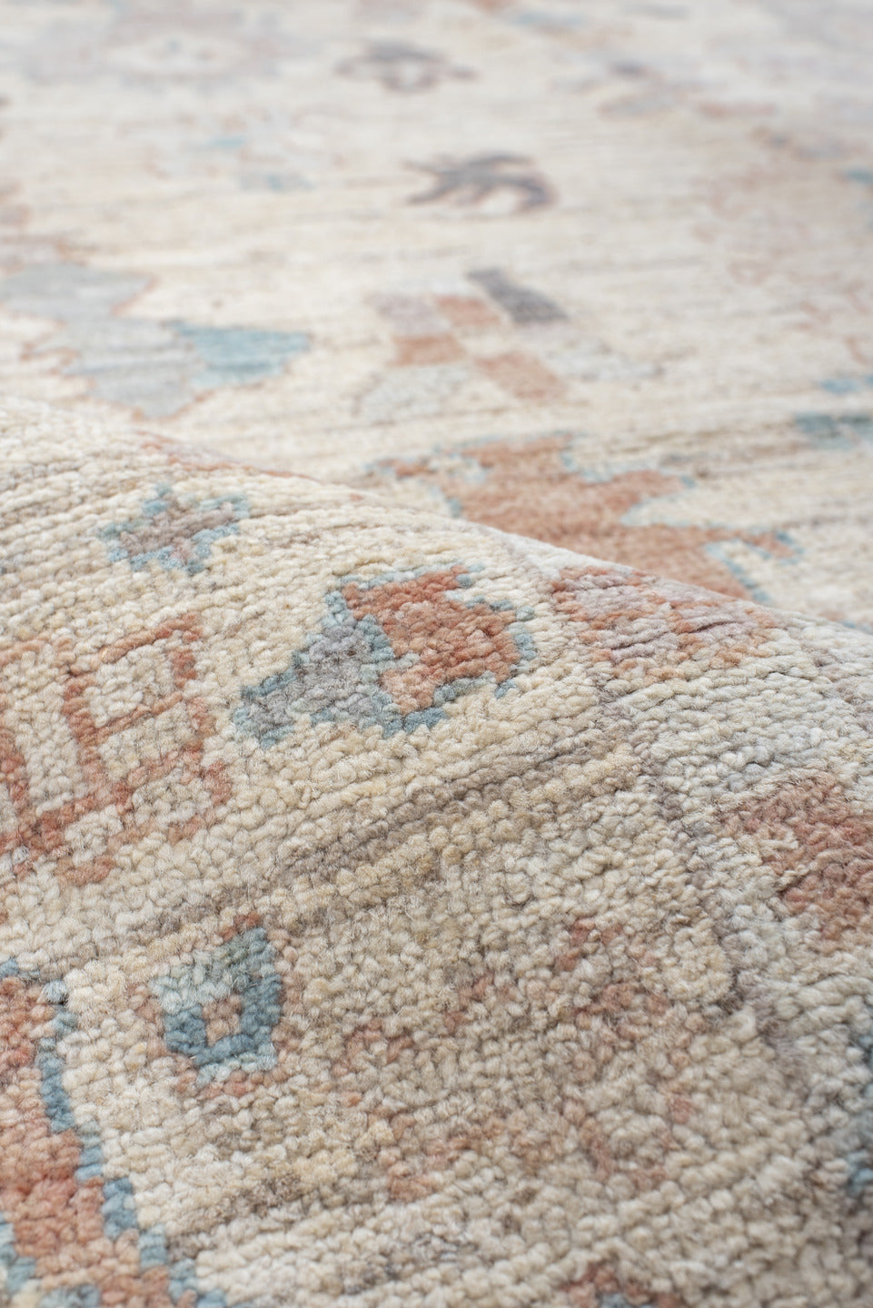 6' x 8' one-of-a-kind handmade vintage Oushak medium size rug. Color palette: ivory, cream, taupe, pale blue, blush